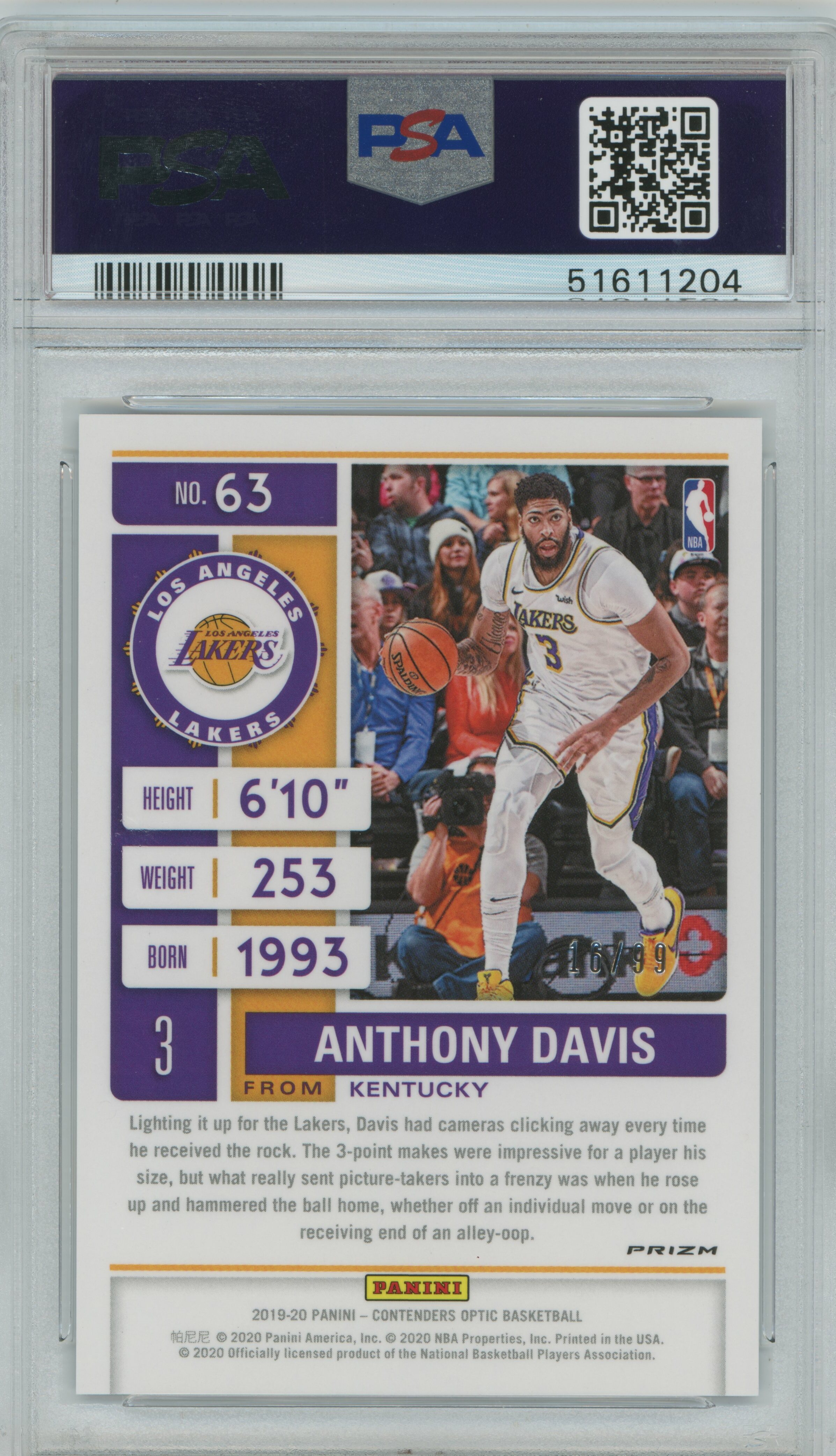 2019-20 Contenders Optic Blue Anthony Davis PSA 10