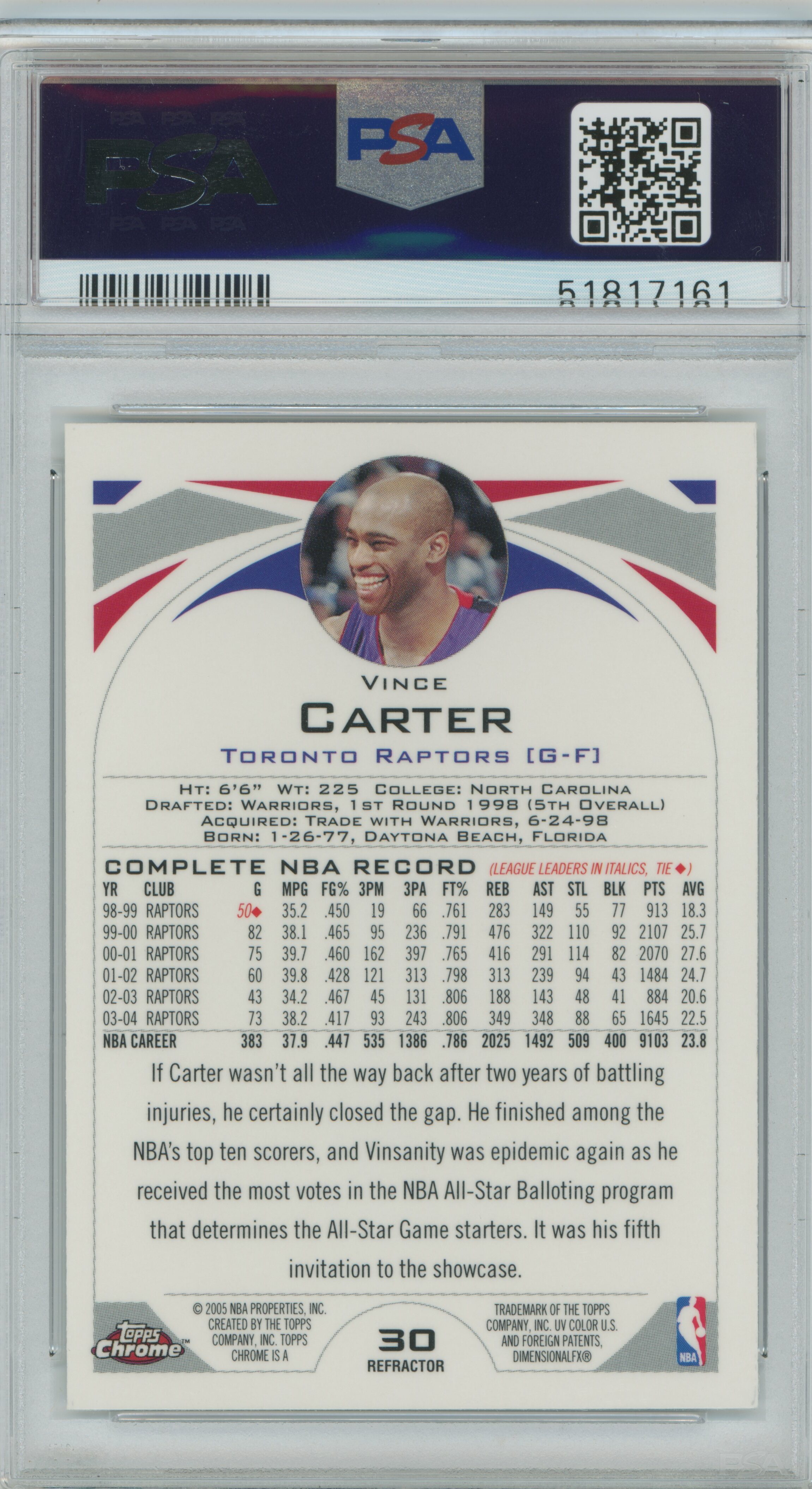 2004-05 Topps Chrome Refractor Vince Carter PSA 10
