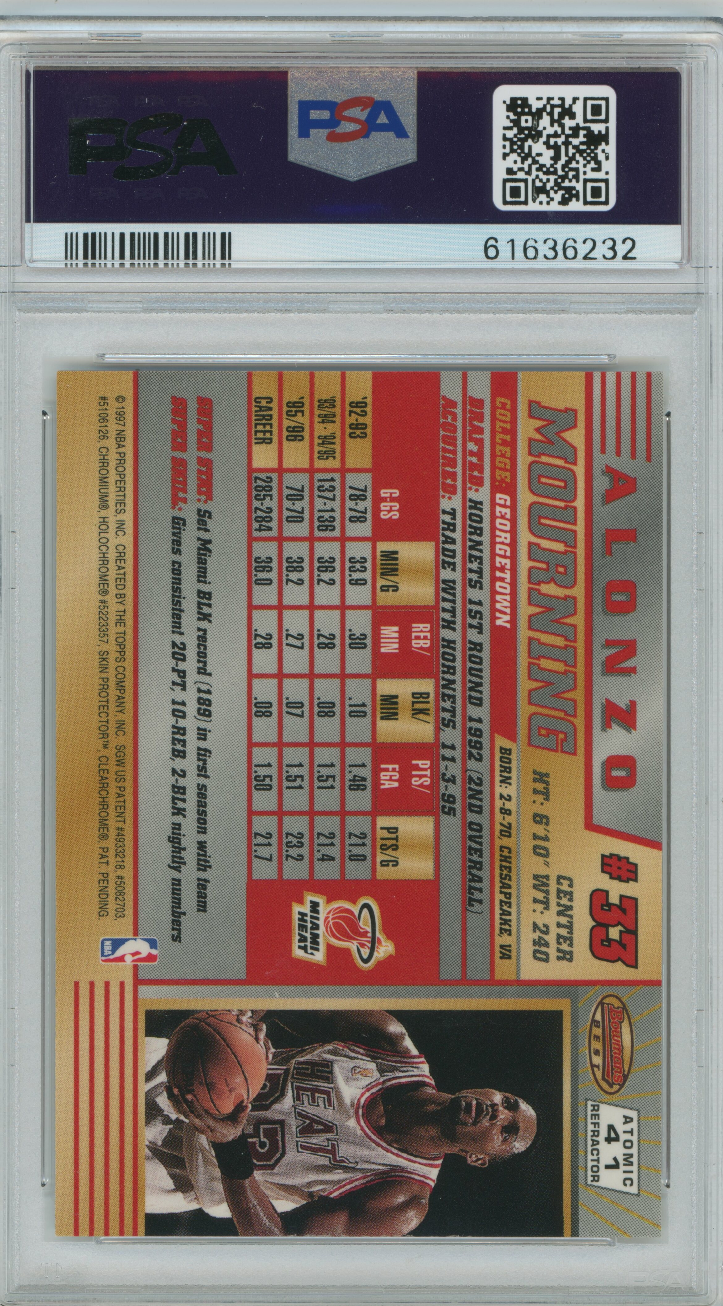 1996-97 Bowman's Best Atomic Refractor Alonzo Mourning PSA 9