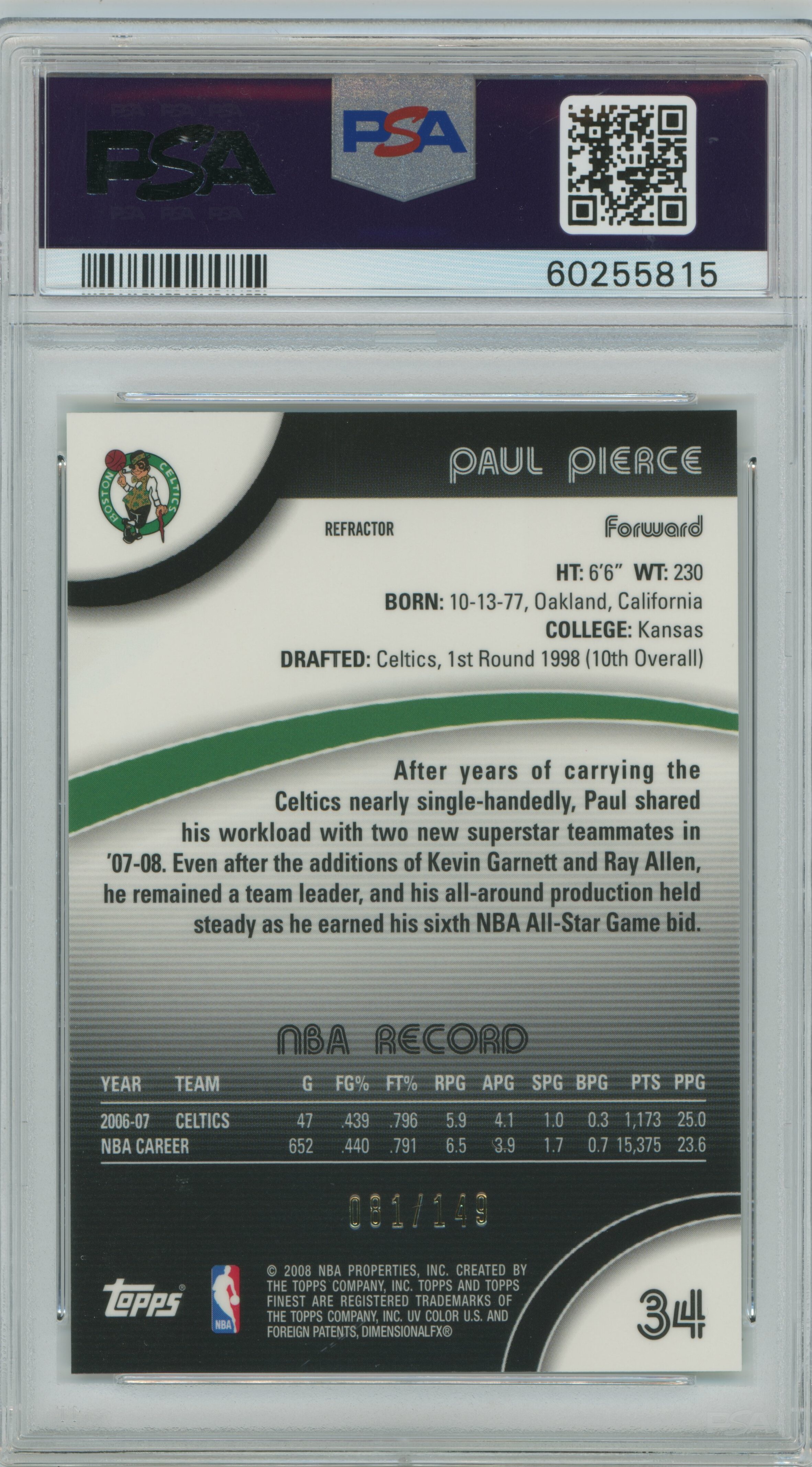 2007 Finest Green Refractor Paul Pierce PSA 10