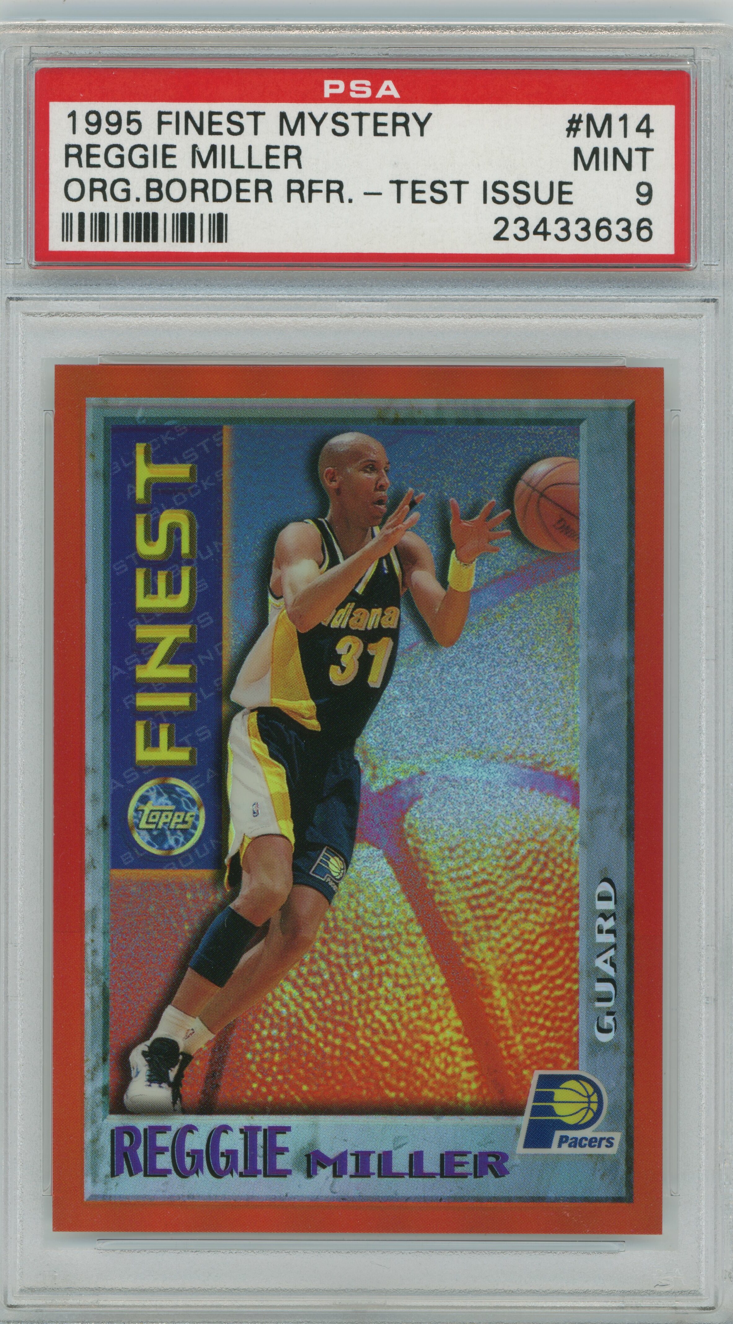 1995-96 Finest Mystery Orange Border Refractor Test Issue Reggie Miller PSA 9