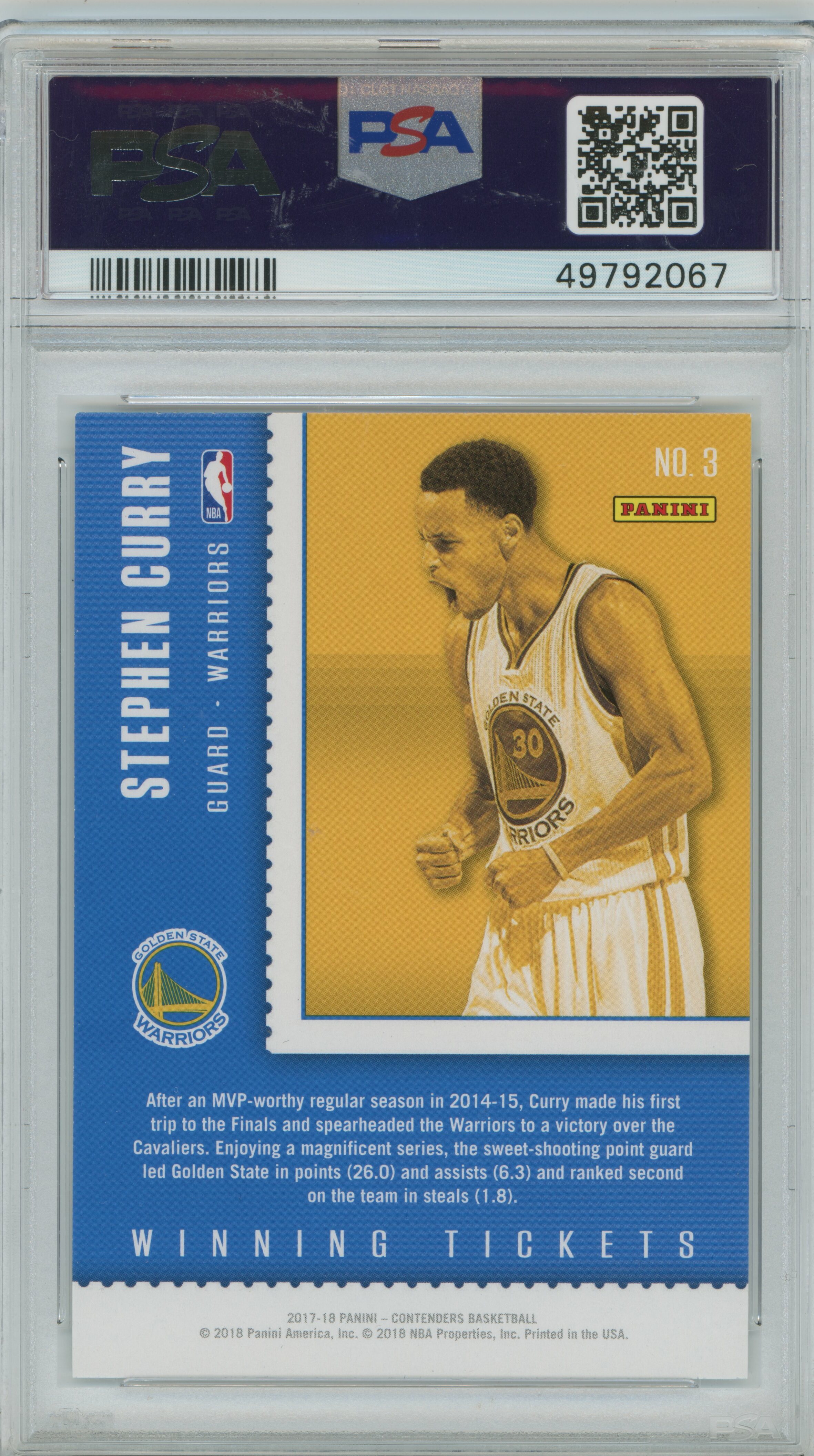 2017-18 Contenders Winning Tickets Stephen Curry PSA 9