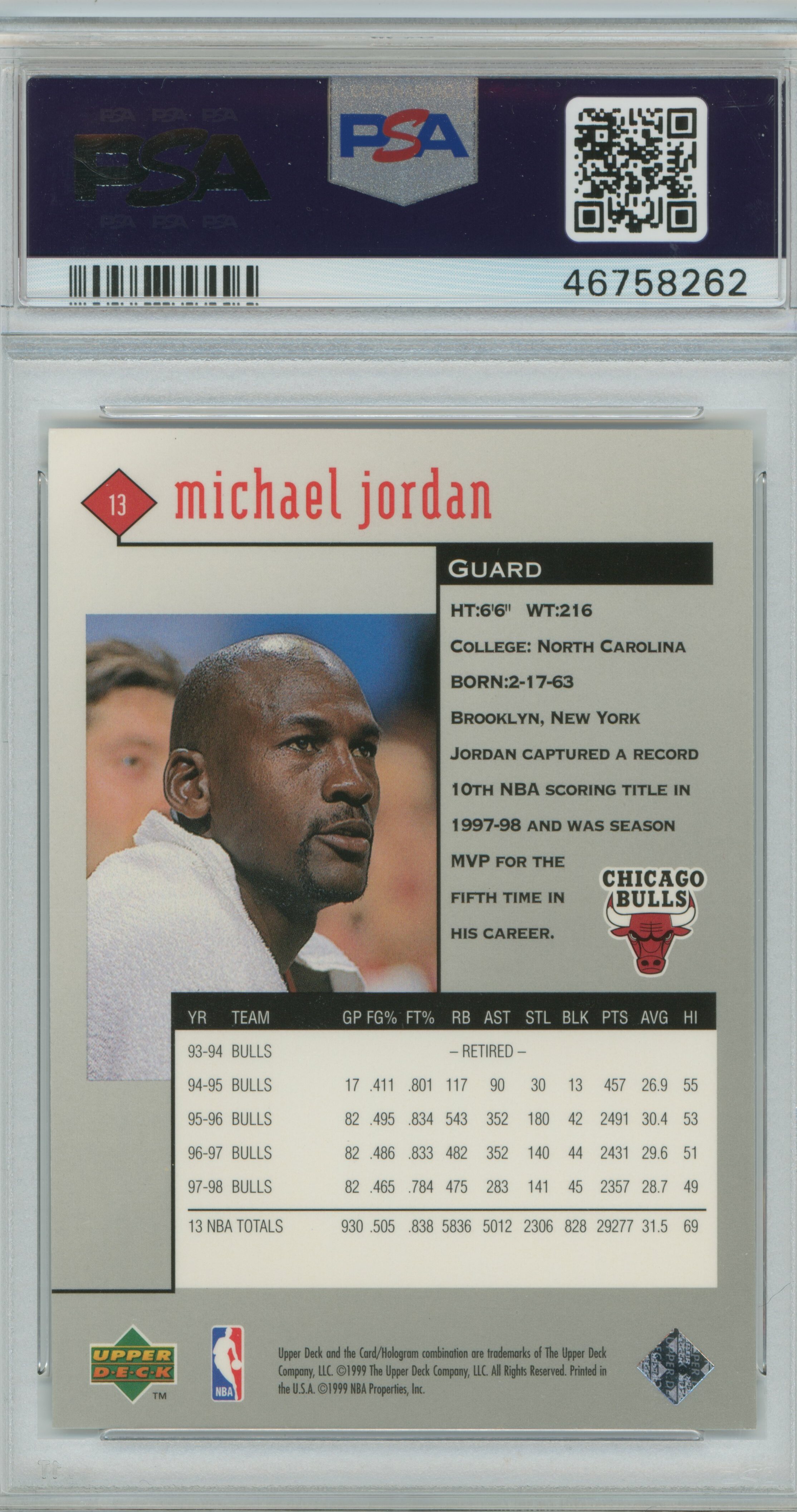 1998-99 Upper Deck Black Diamond Single Michael Jordan PSA 9