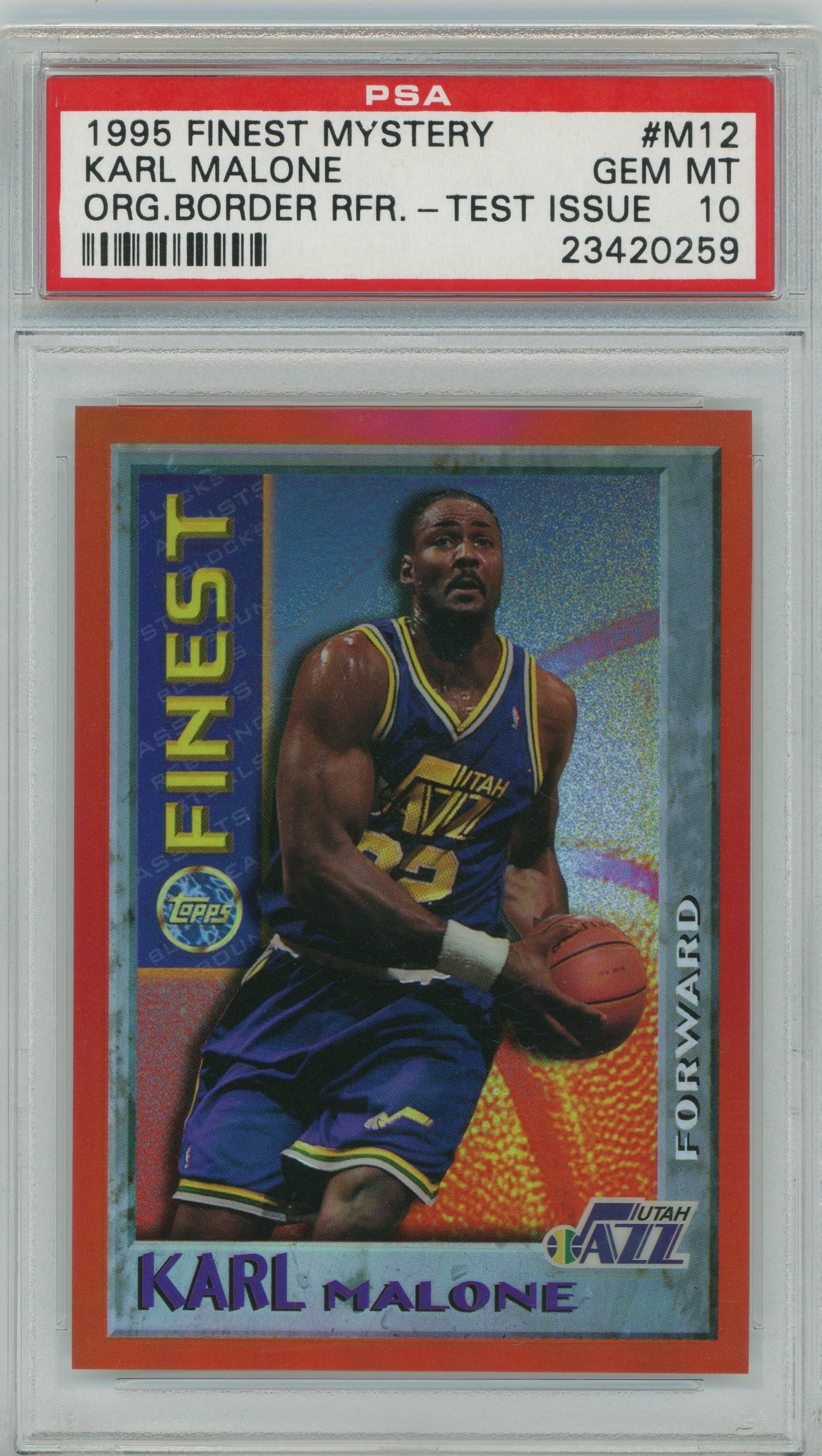 1995-96 Finest Mystery Orange Border Refractor Test Issue Karl Malone PSA 10