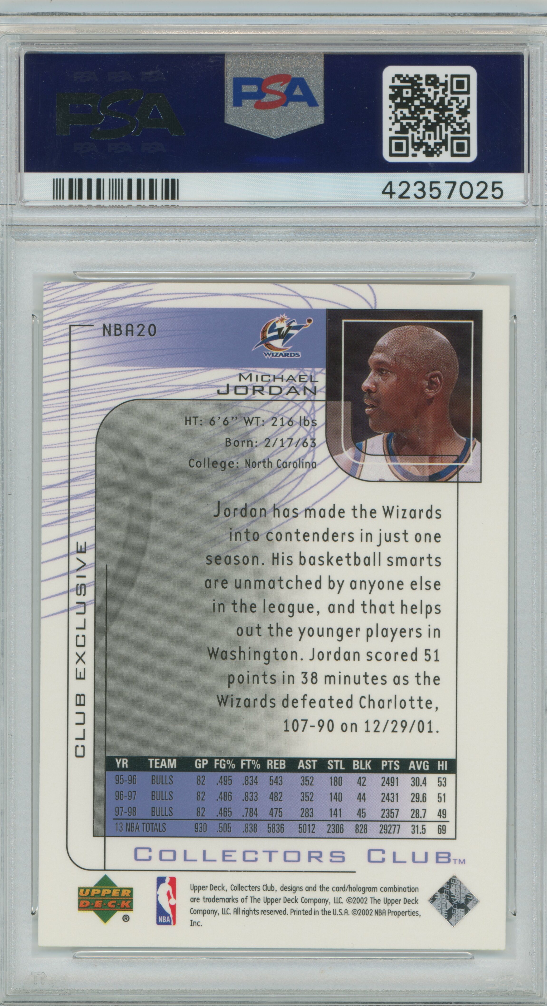 2002 Upper Deck Collector's Club Michael Jordan PSA 9