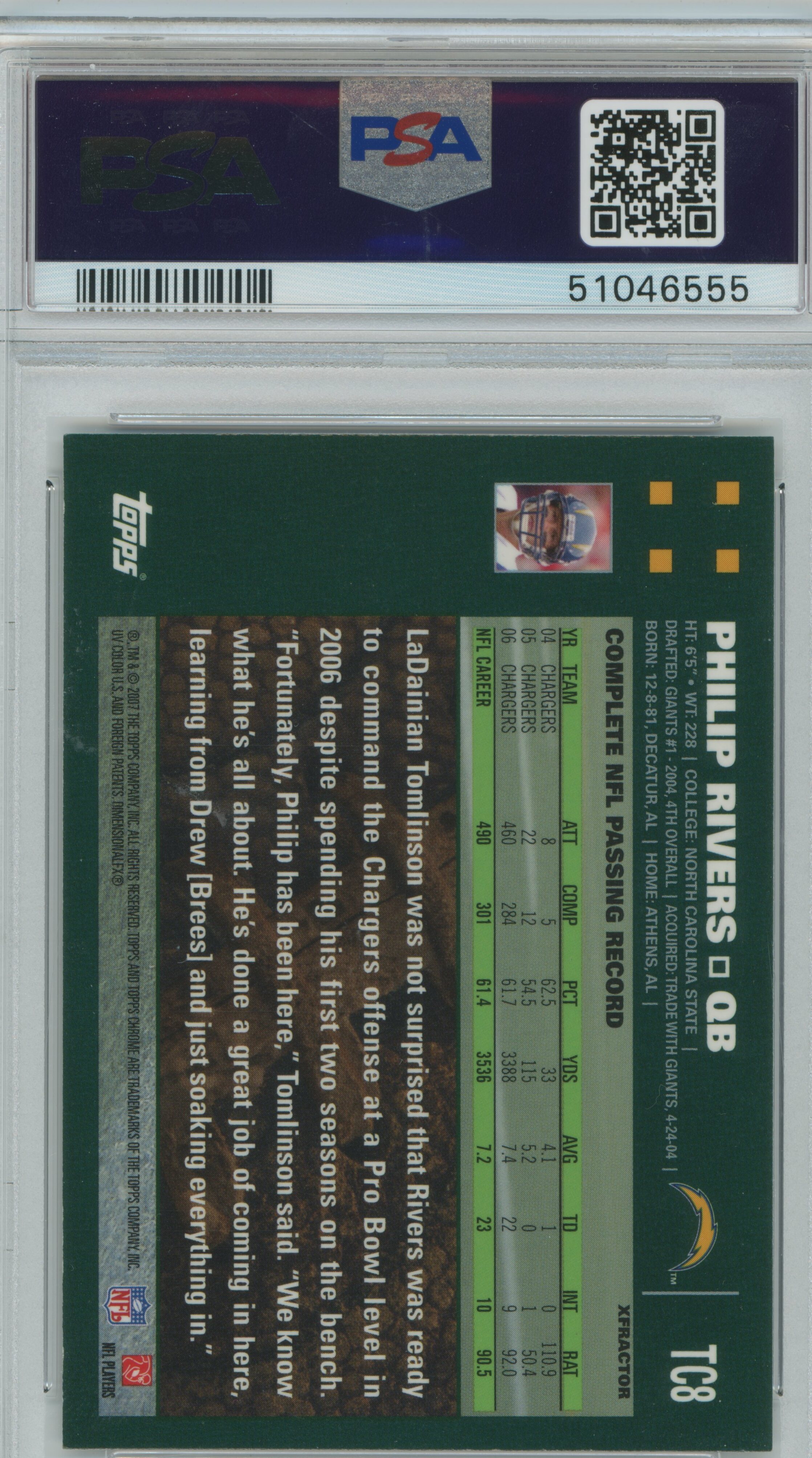 2007 Topps Chrome Xfractor Philip Rivers PSA 9