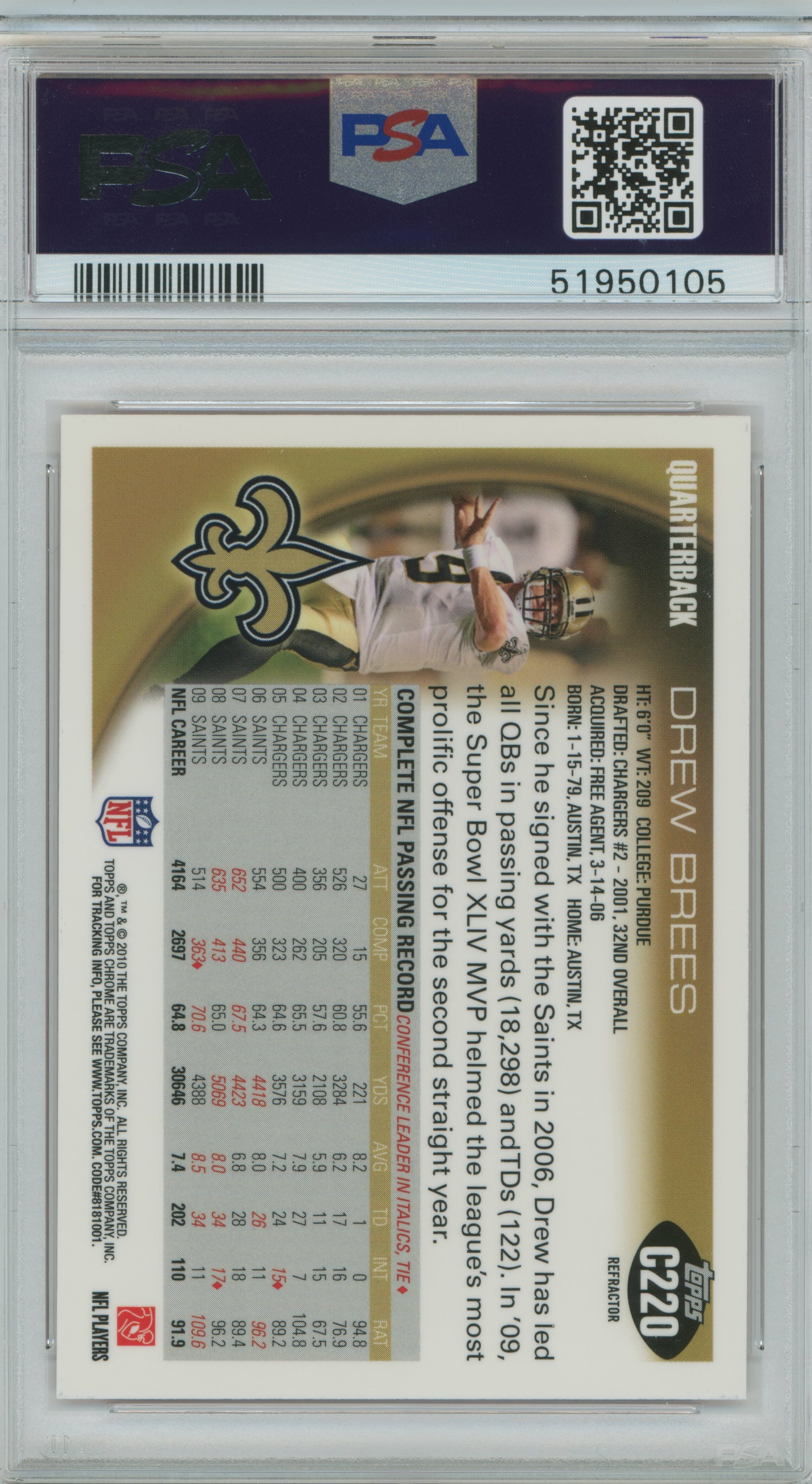 2010 Topps Chrome Orange Refractor Drew Brees PSA 9