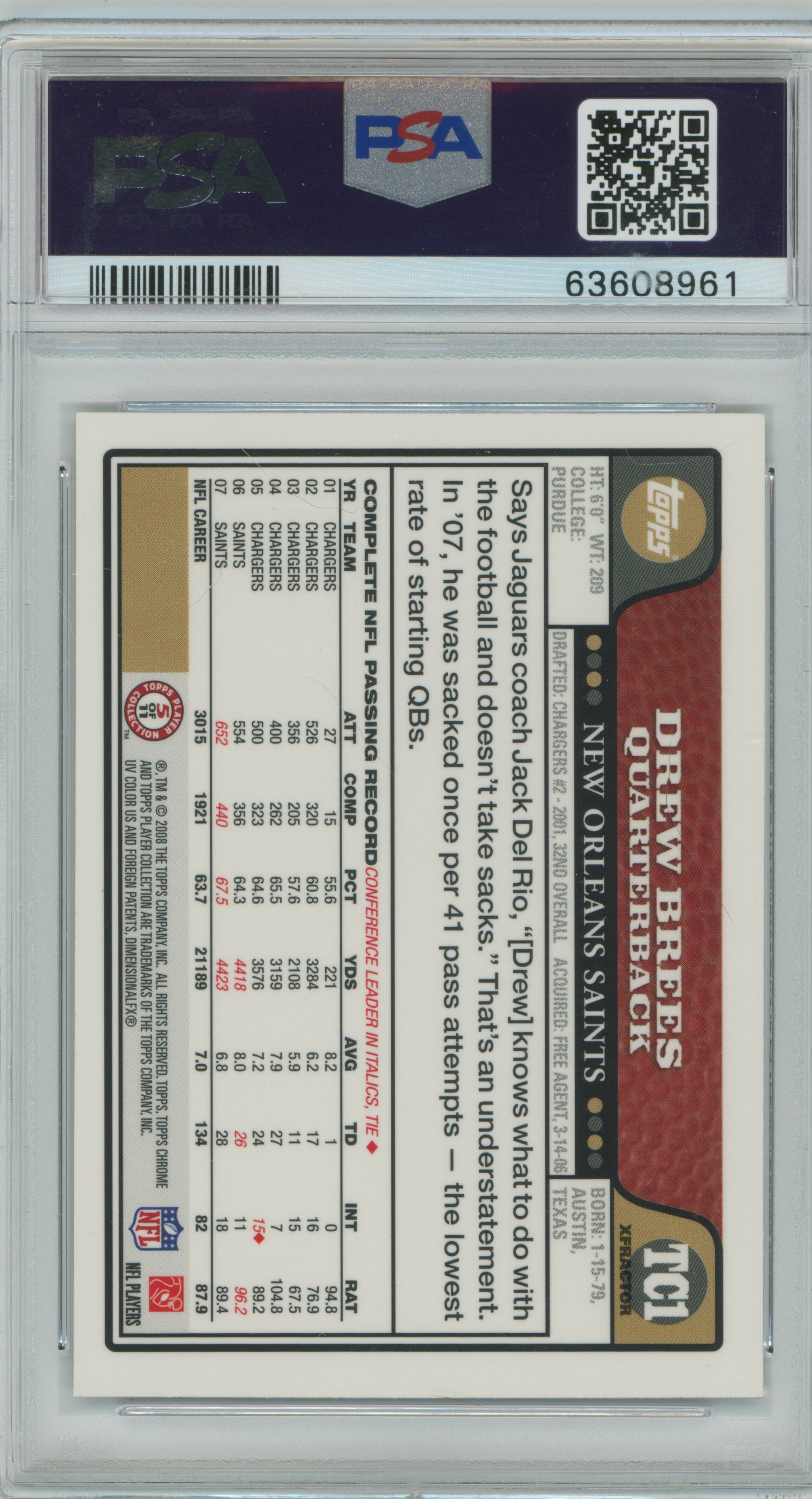 2008 Topps Chrome Xfractor Drew Brees PSA 9