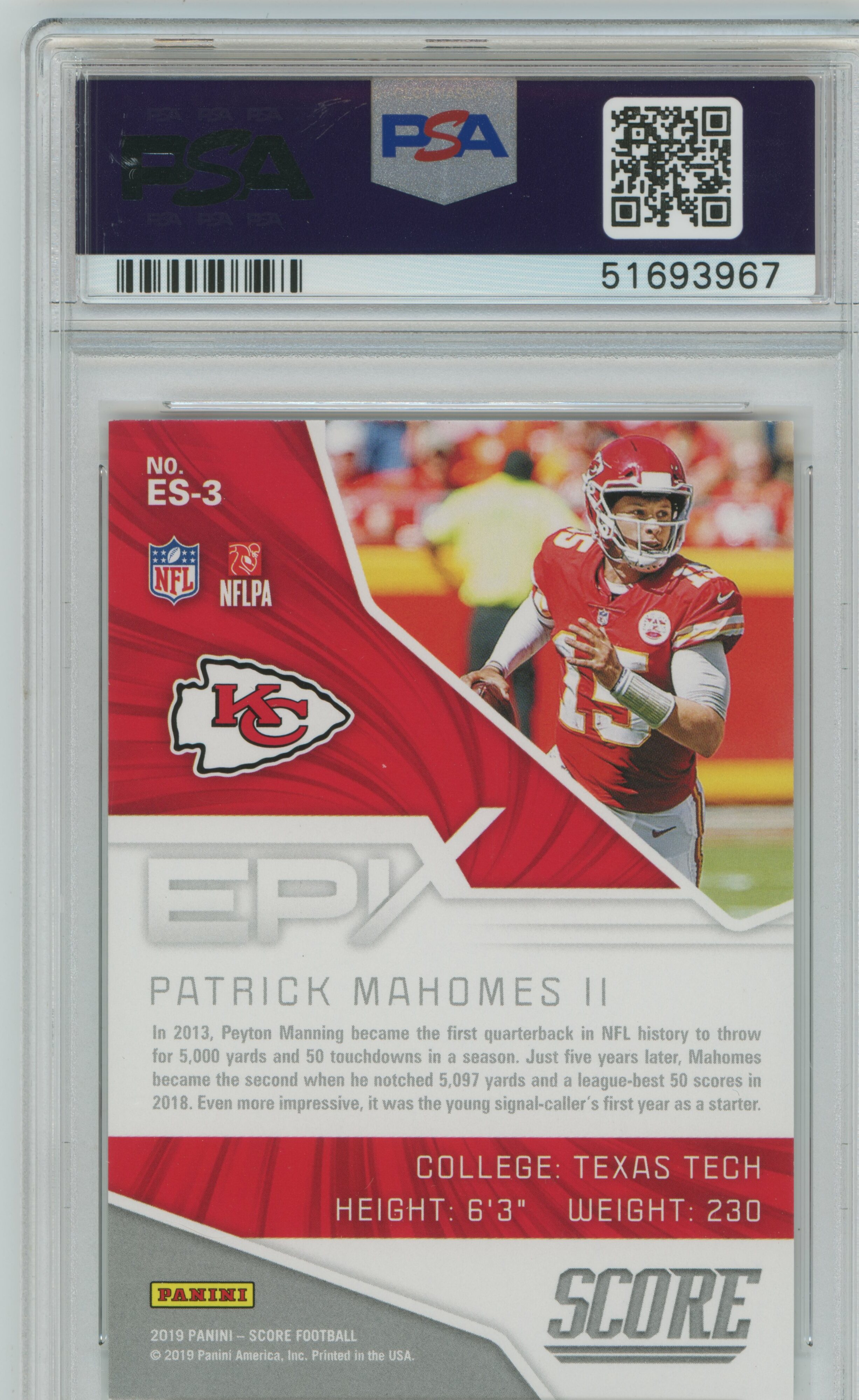 2019 Score Epix Season Patrick Mahomes PSA 9