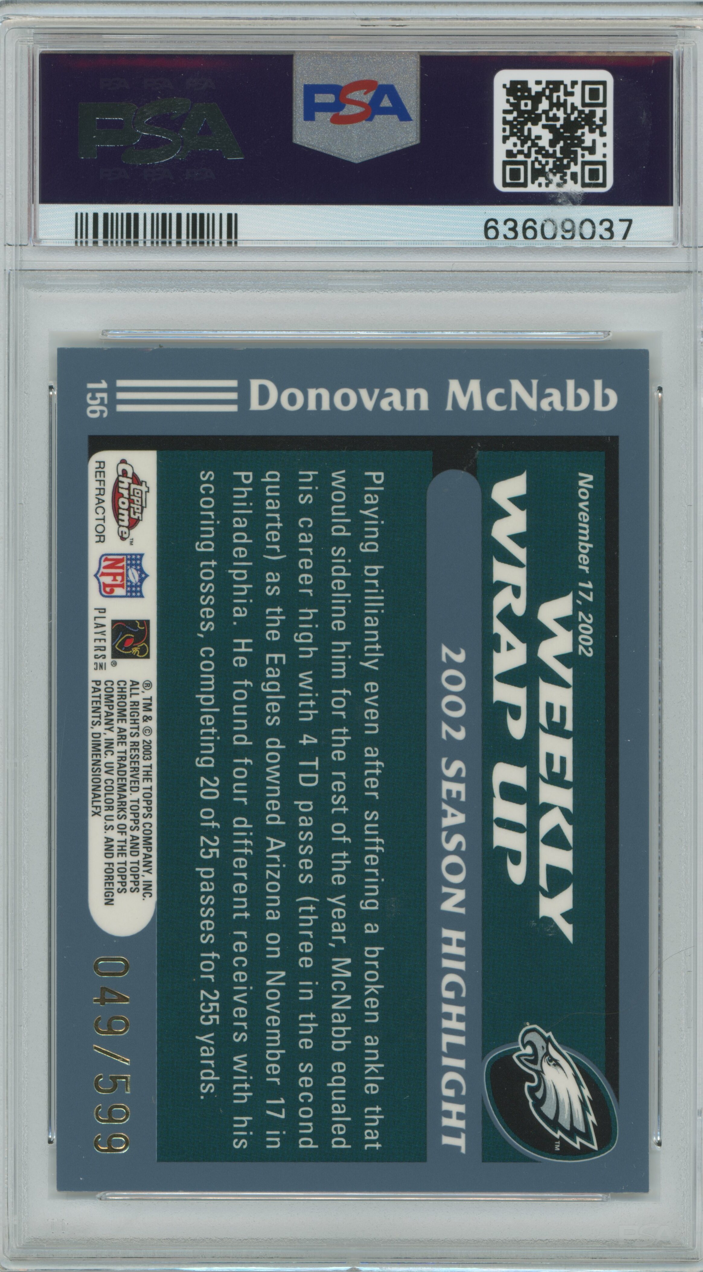 2003 Topps Chrome Weekly Wrap Up Black Refractor Donovan McNabb PSA 8