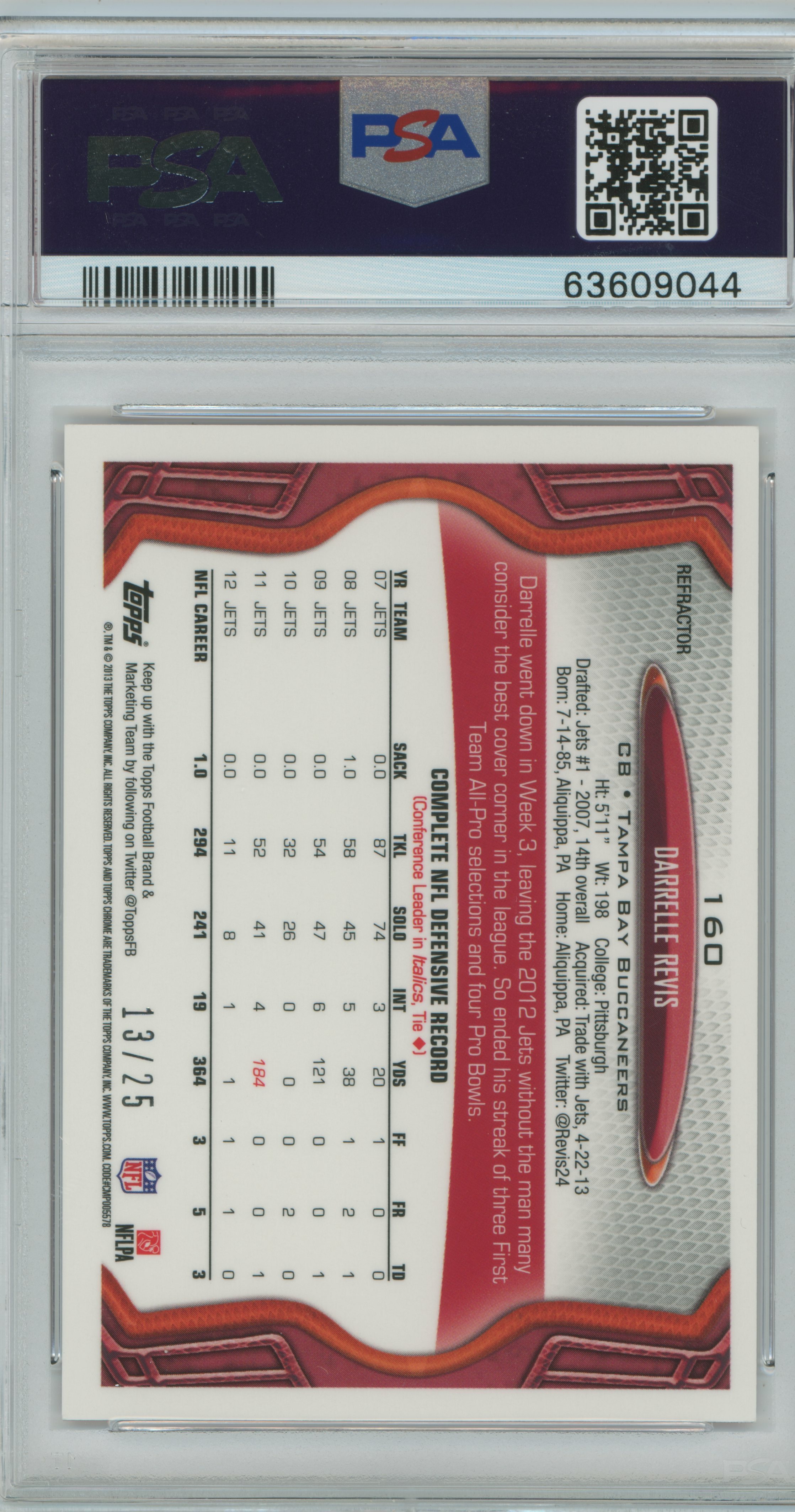 2013 Topps Chrome Red Refractor /25 Darrelle Revis PSA 9