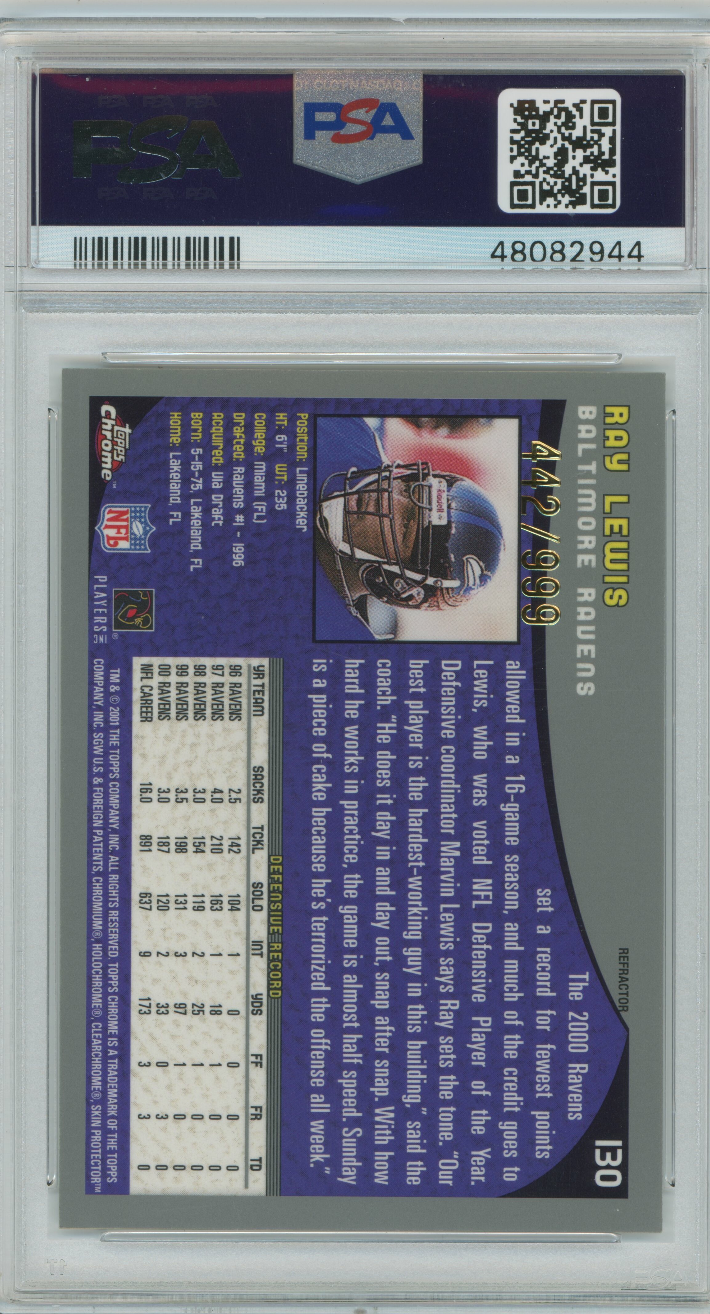 2001 Topps Chrome Refractor Ray Lewis PSA 9