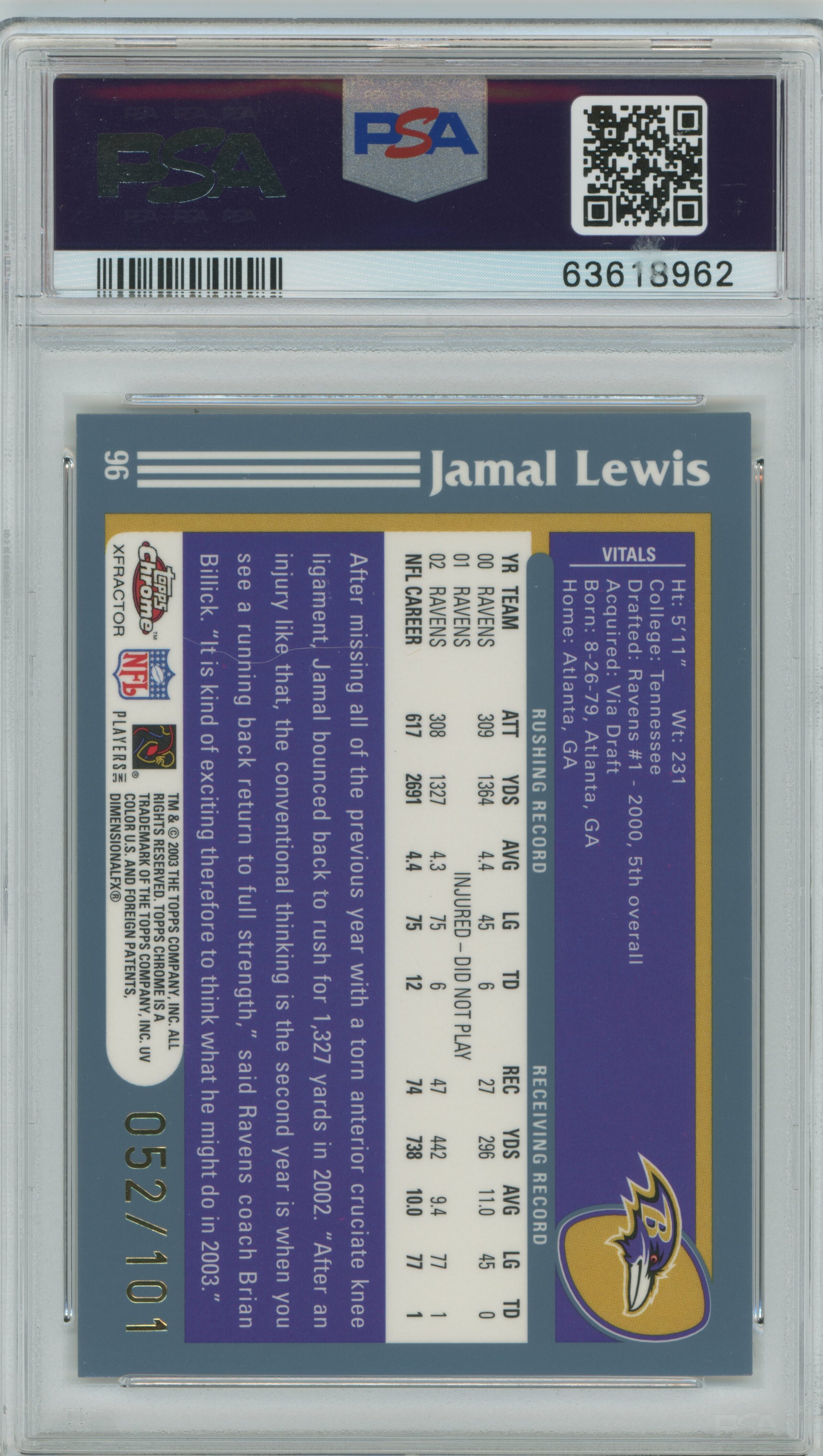2003 Topps Chrome Gold Xfractor /101 Jamal Lewis PSA 8