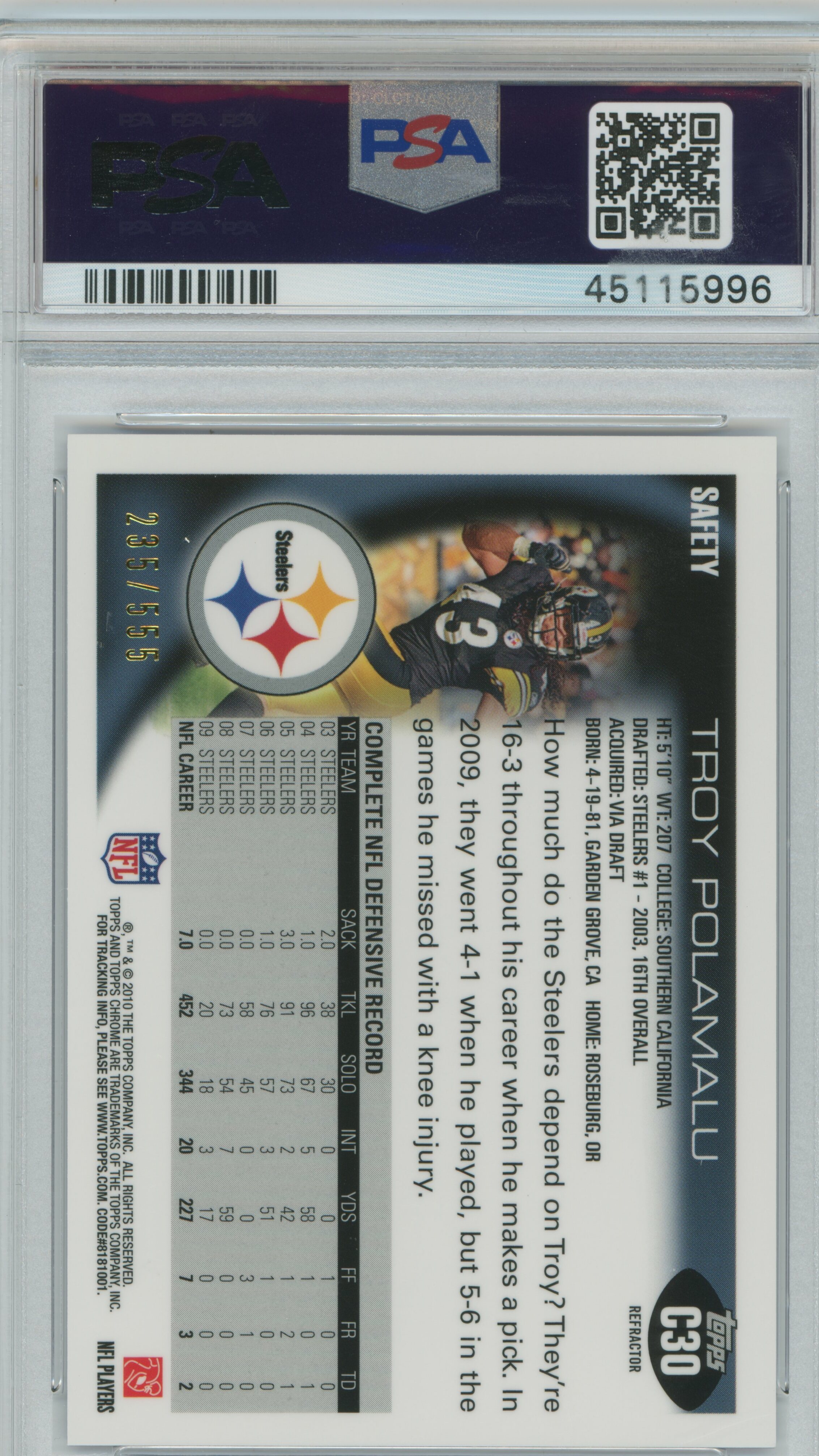 2010 Topps Chrome Purple Refractor Troy Polamalu PSA 9