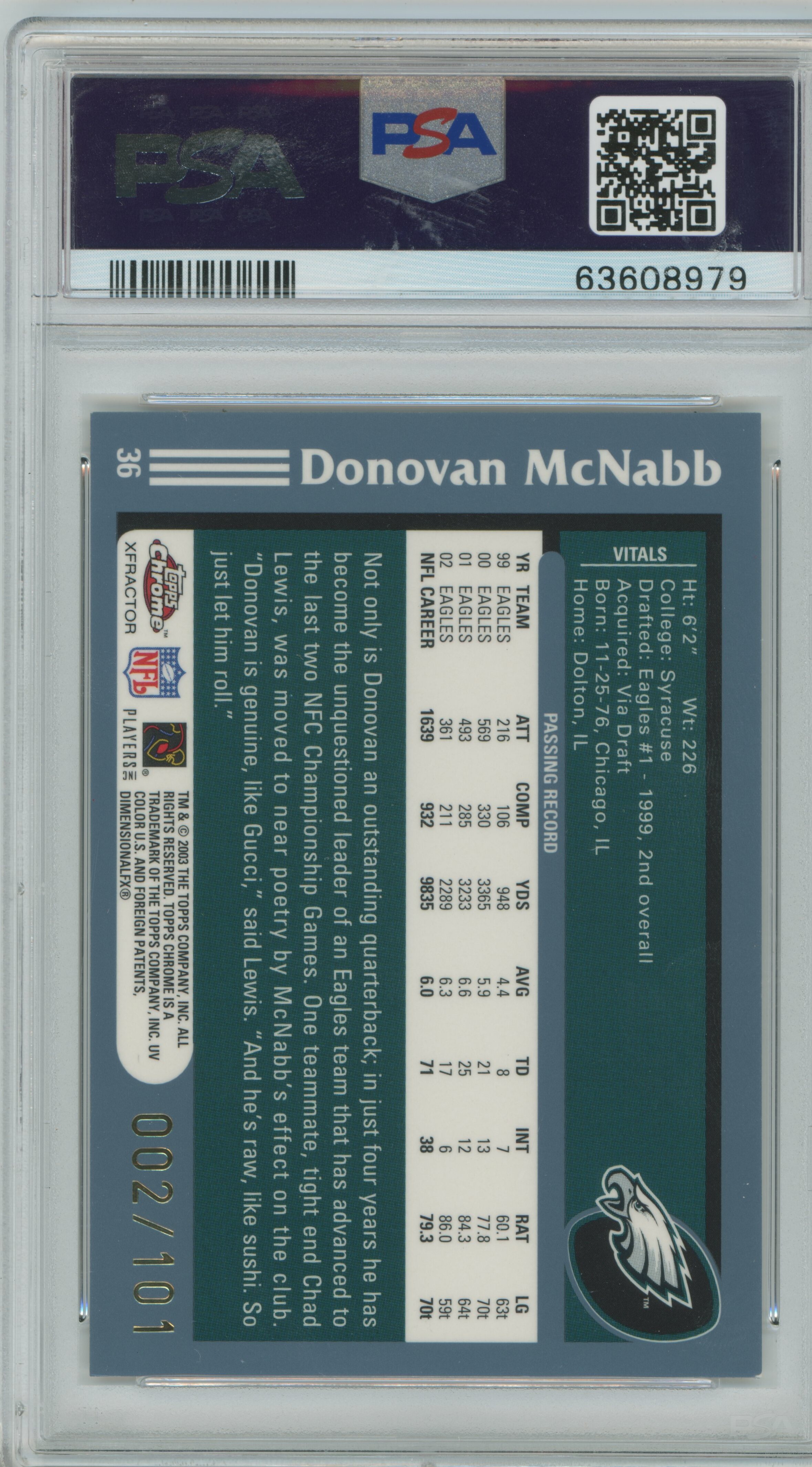 2003 Topps Chrome Gold Xfractor /101 Donovan McNabb PSA 8