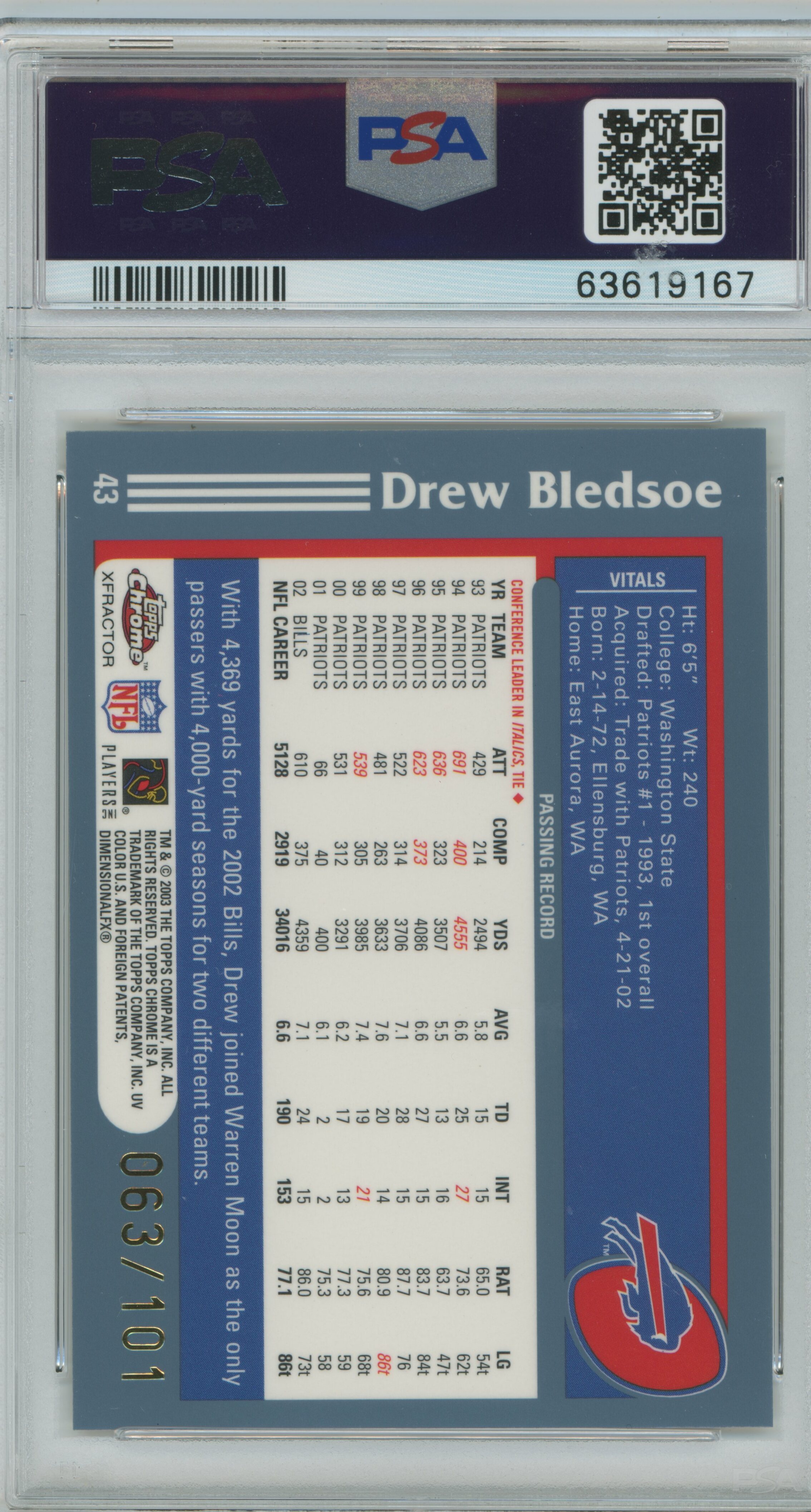 2003 Topps Chrome Gold Xfractor Drew Bledsoe PSA 8