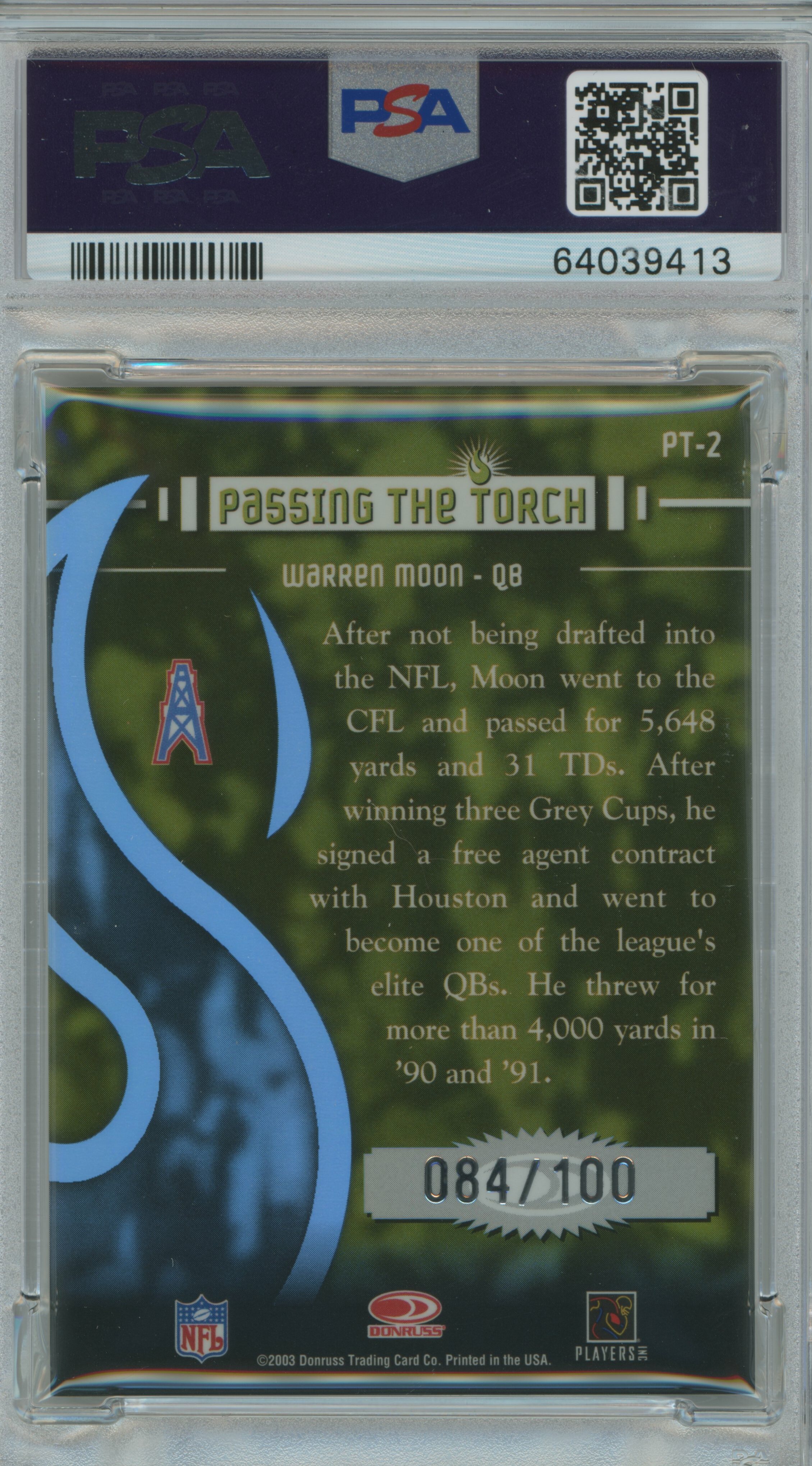 2003 Elite Passing the Torch Auto Warren Moon PSA 9