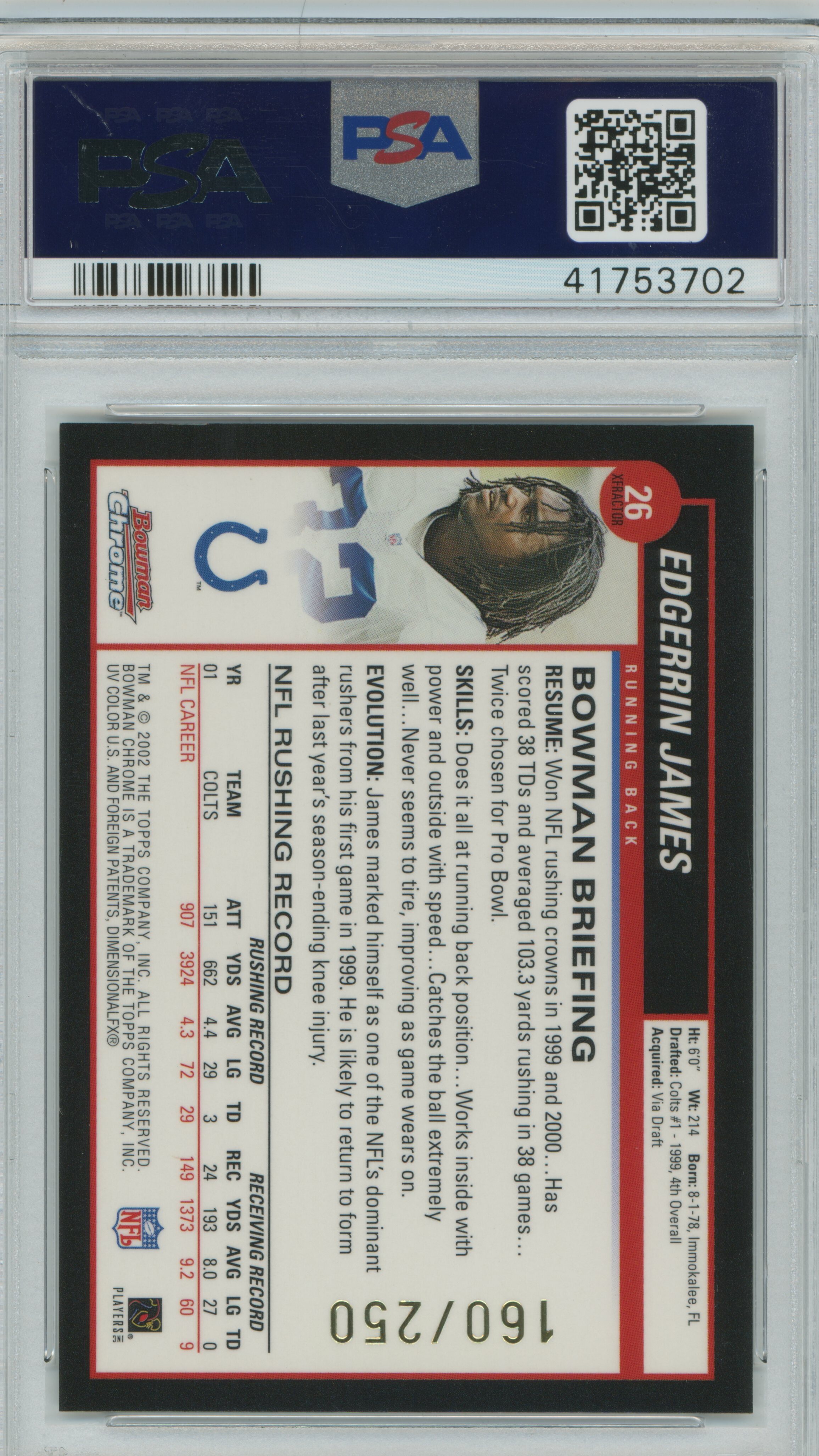 2002 Bowman Chrome Xfractor Edgerrin James PSA 10
