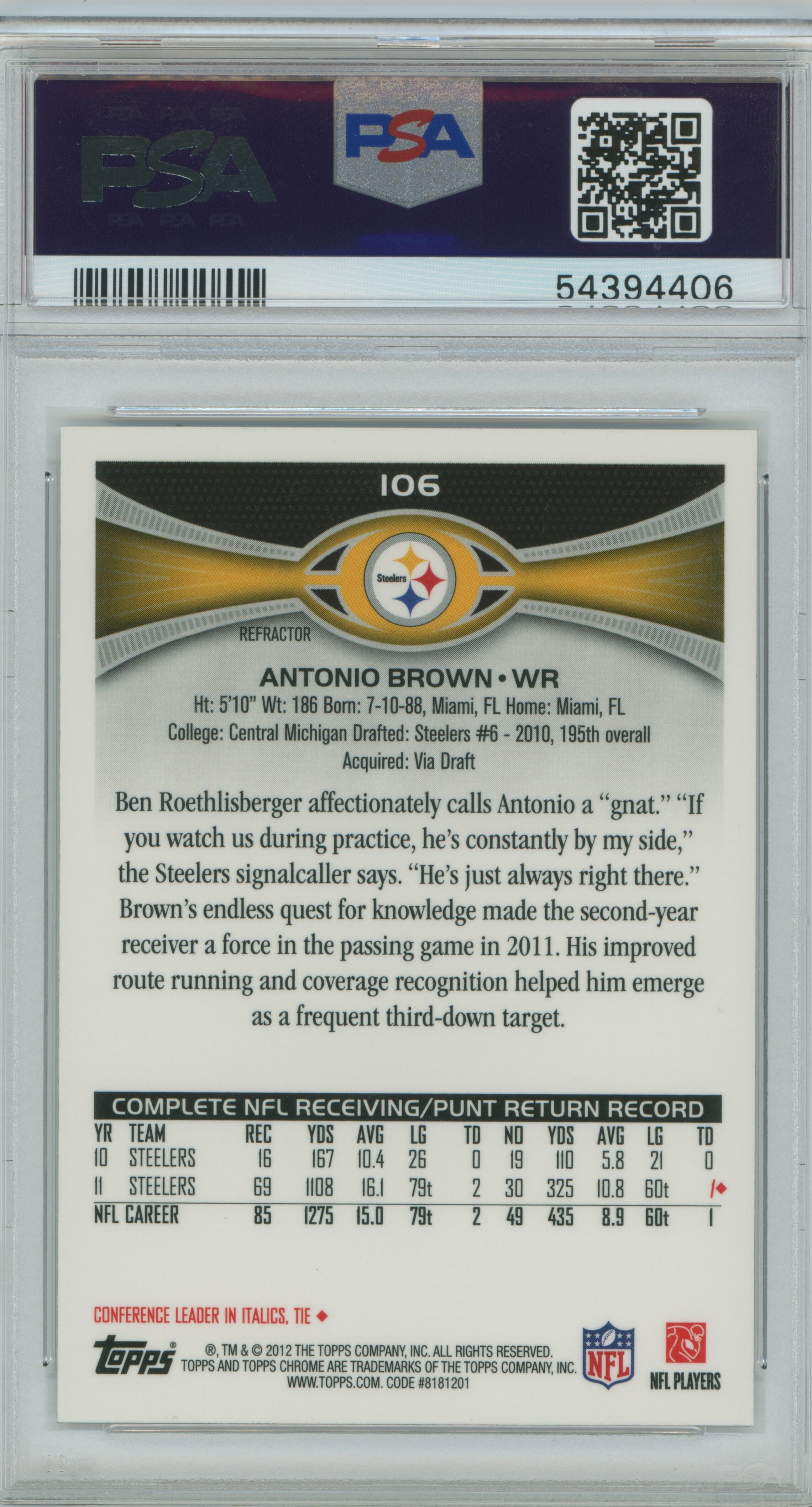 2012 Topps Chrome Xfractor Antonio Brown PSA 10