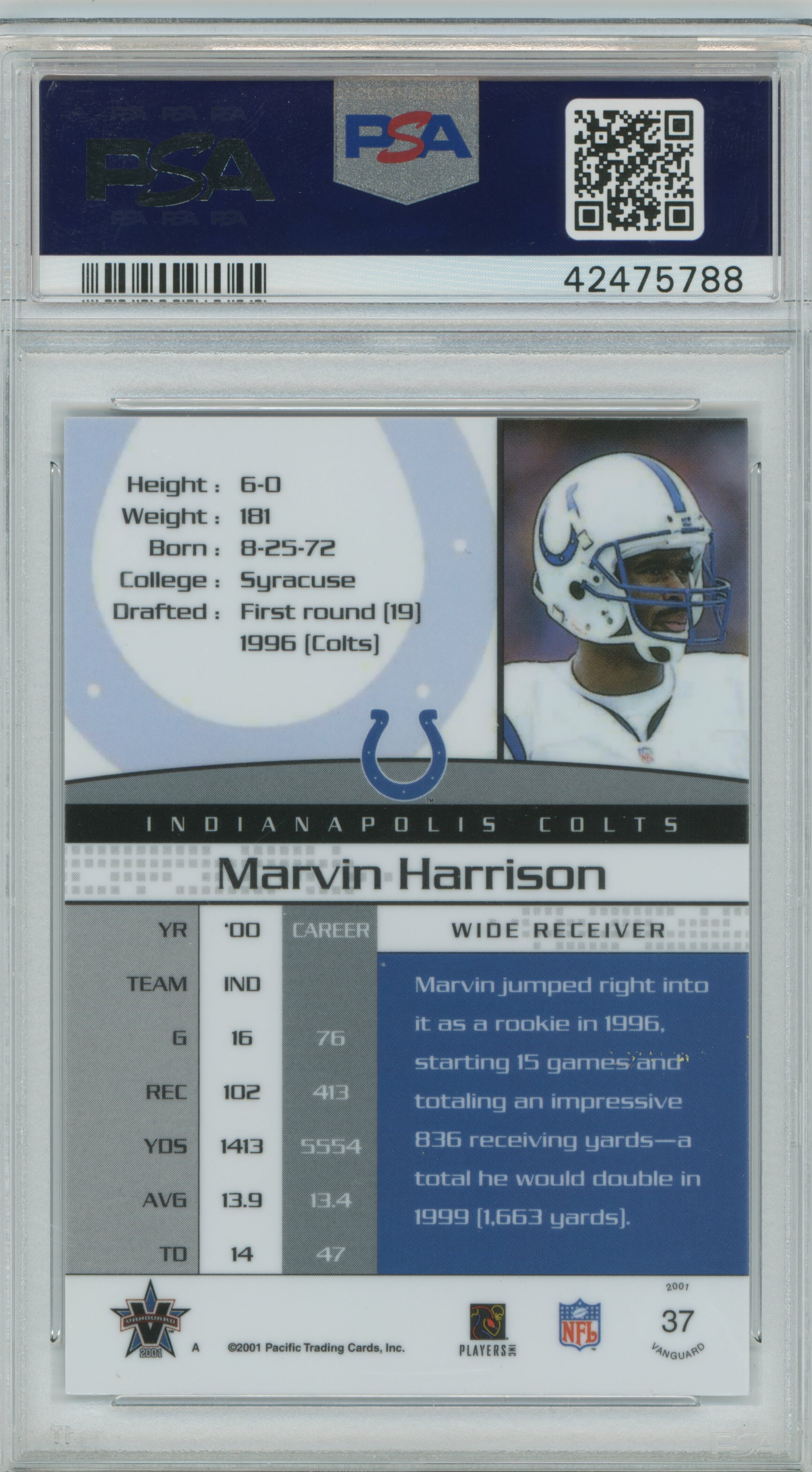 2001 Vanguard Premiere Date Marvin Harrison PSA 10