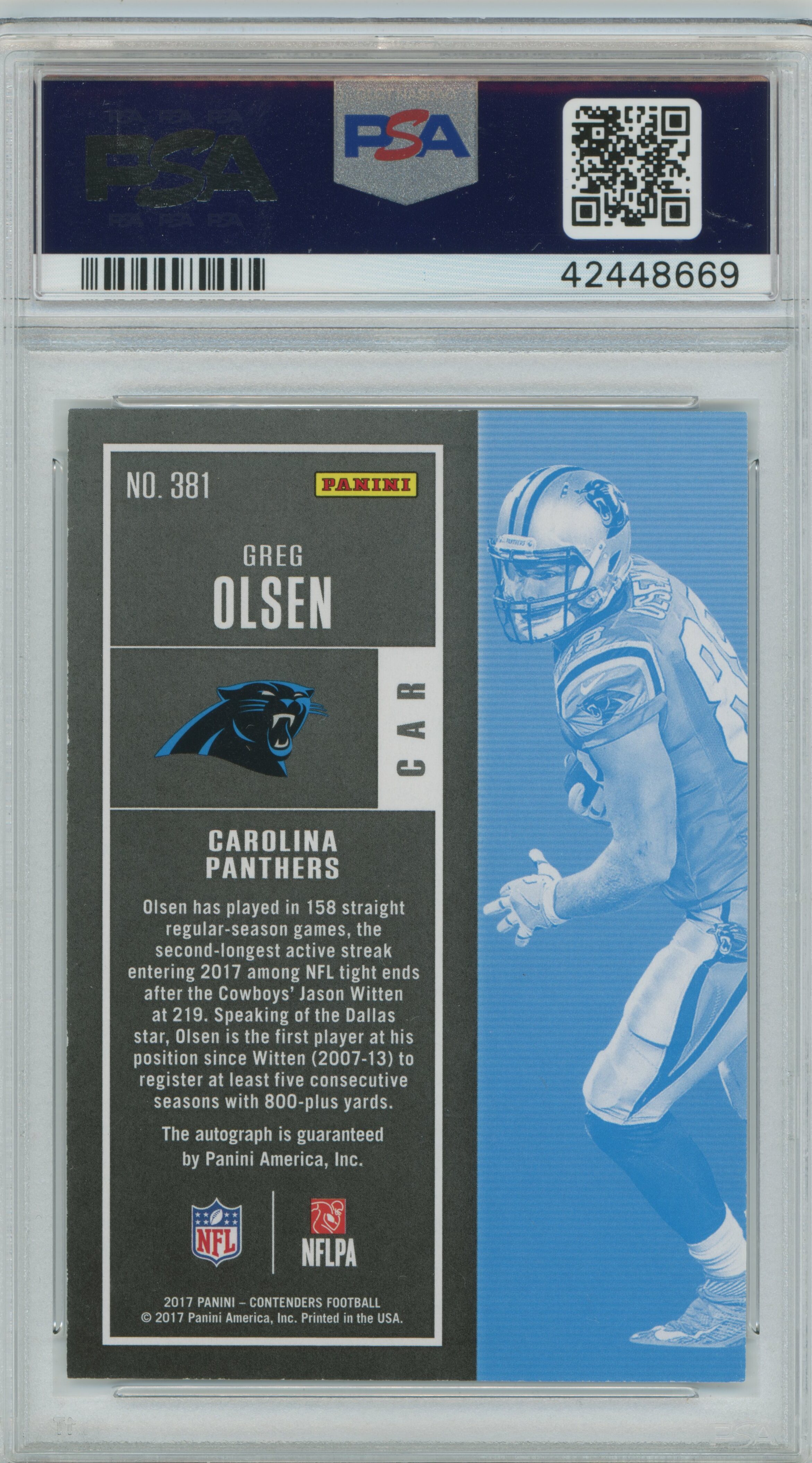 2017 Contenders Championship Ticket Auto Greg Olsen PSA 9