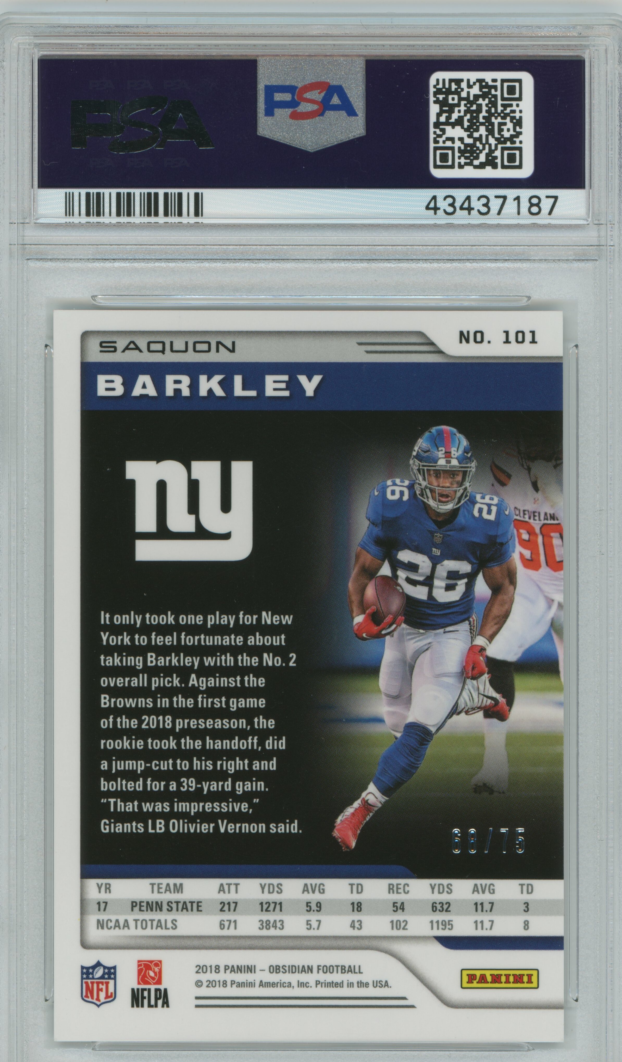 2018 Obsidian Purple RC Saquon Barkley PSA 10