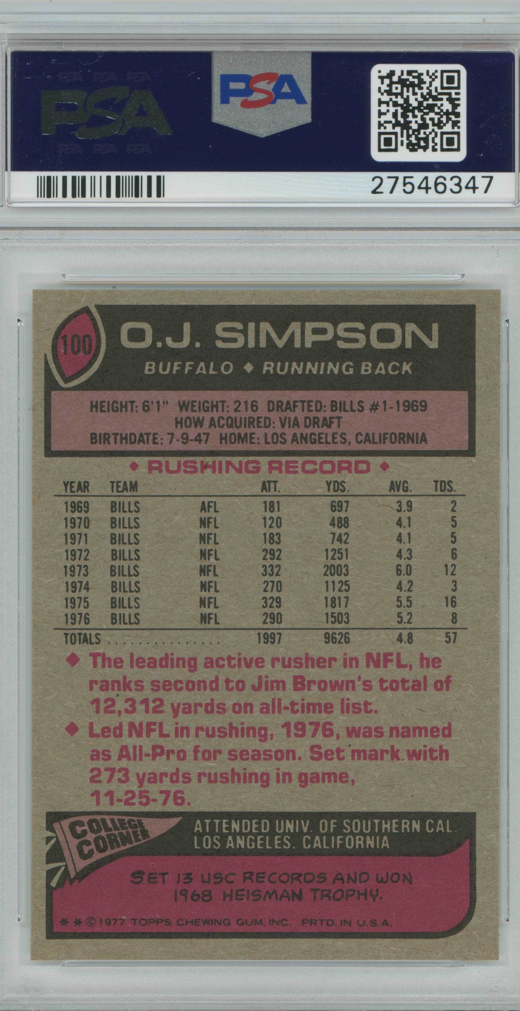 1977 Topps All-Pro O.J. Simpson PSA 9