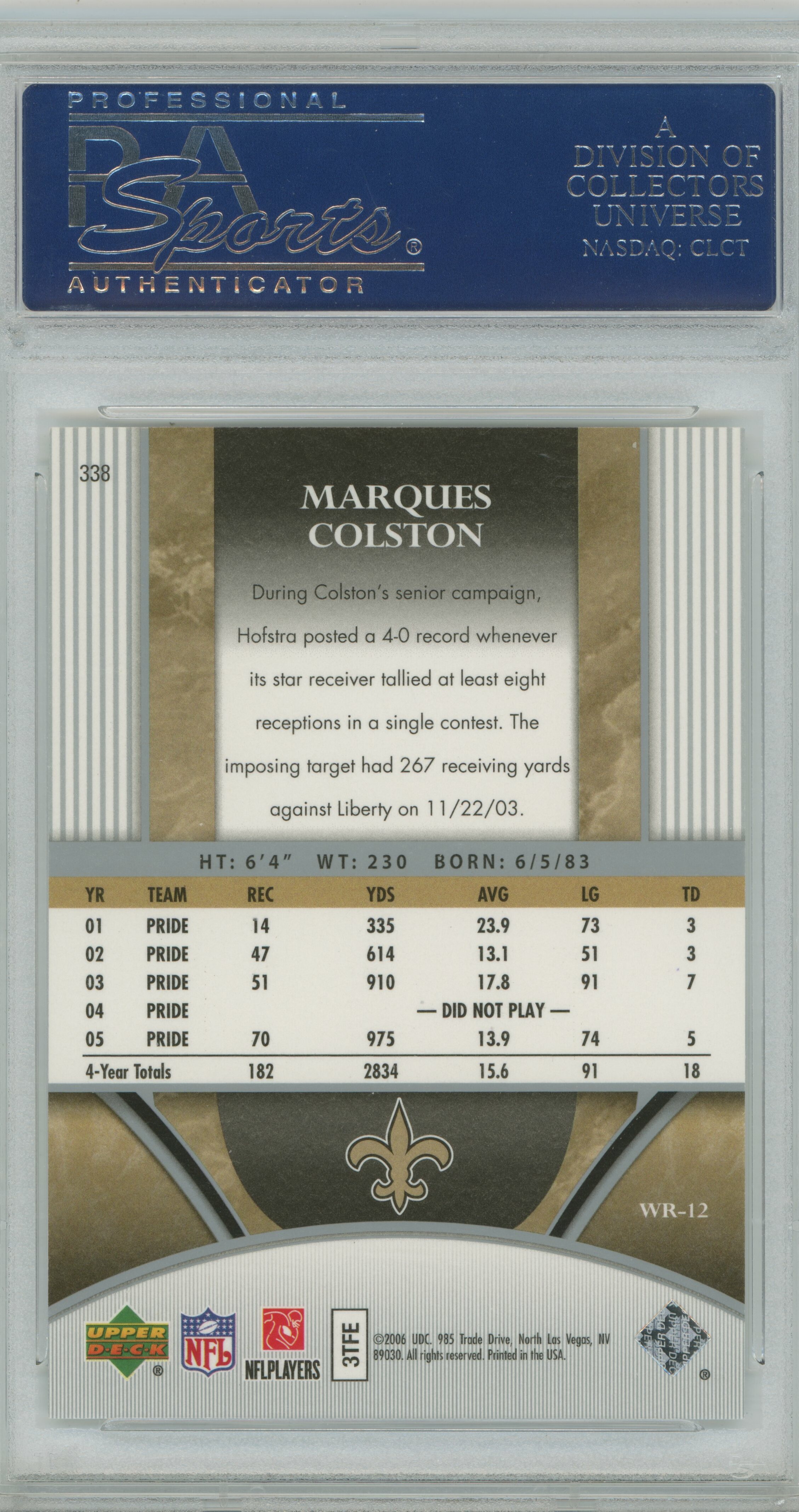 2006 Ultimate Collection Gold RC Marques Colston PSA 10