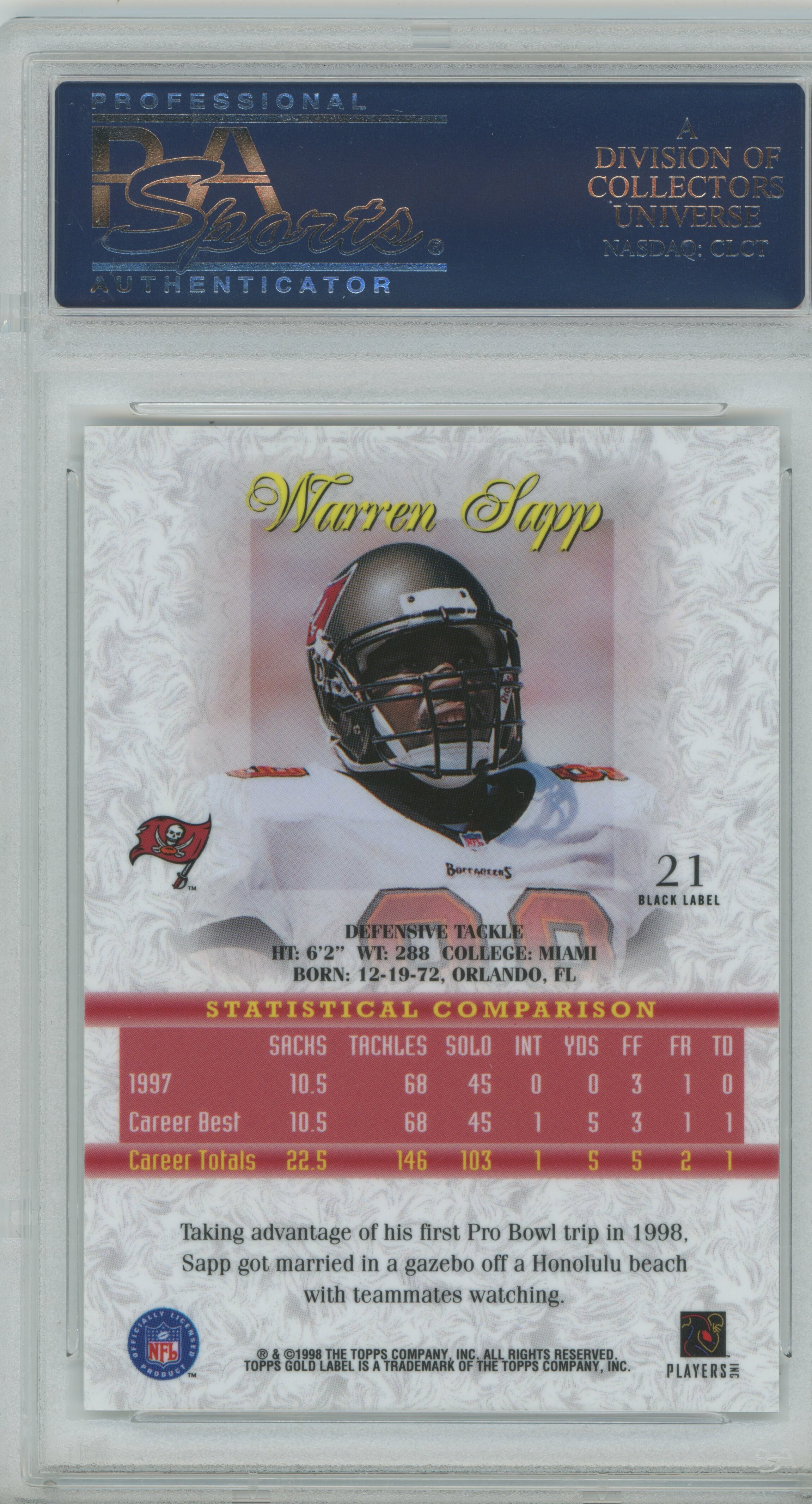 1998 Gold Label Class 2 Black Label Warren Sapp PSA 10