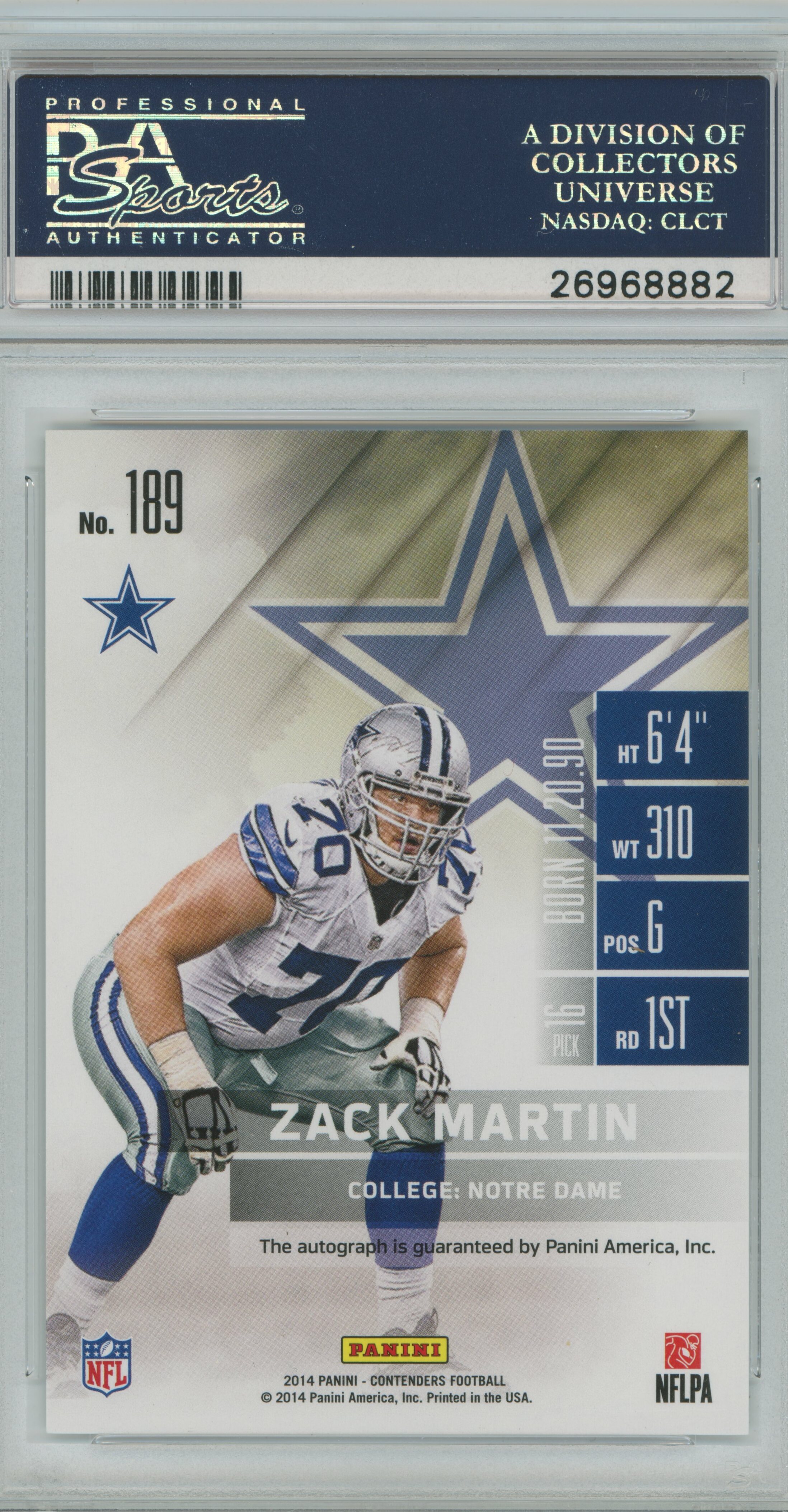 2014 Contenders Playoff Ticket Auto RC Zack Martin PSA 10