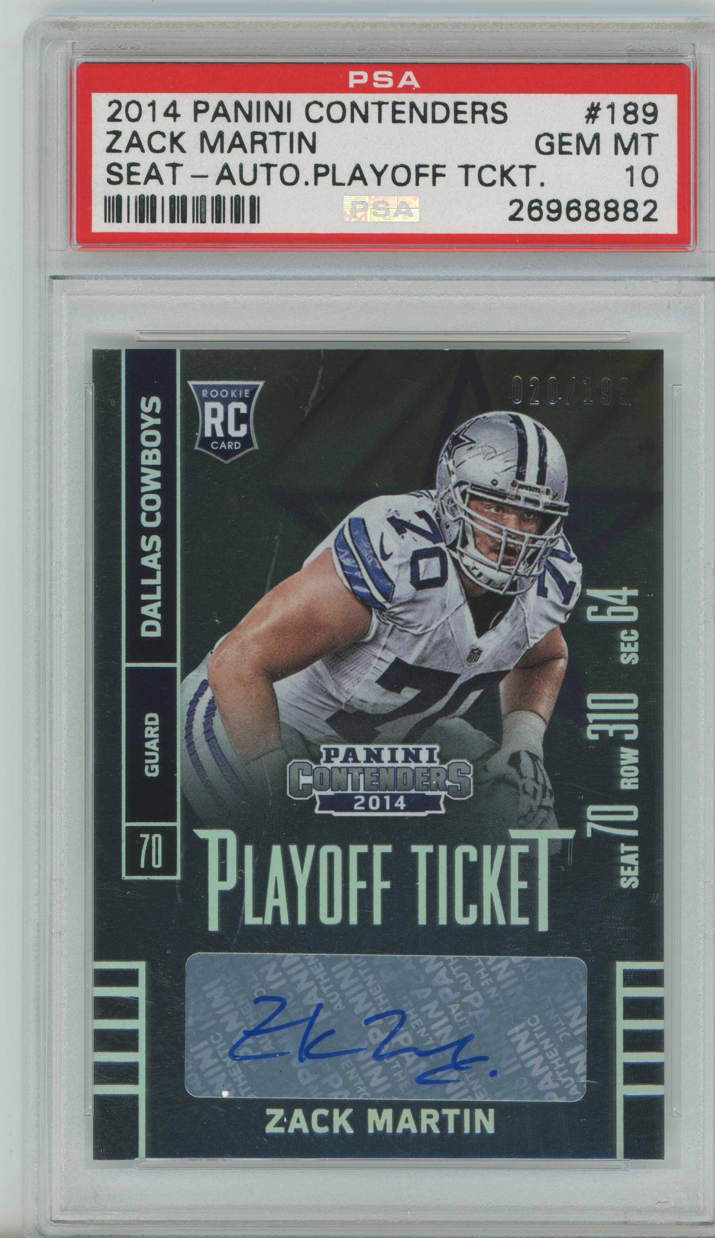 2014 Contenders Playoff Ticket Auto RC Zack Martin PSA 10