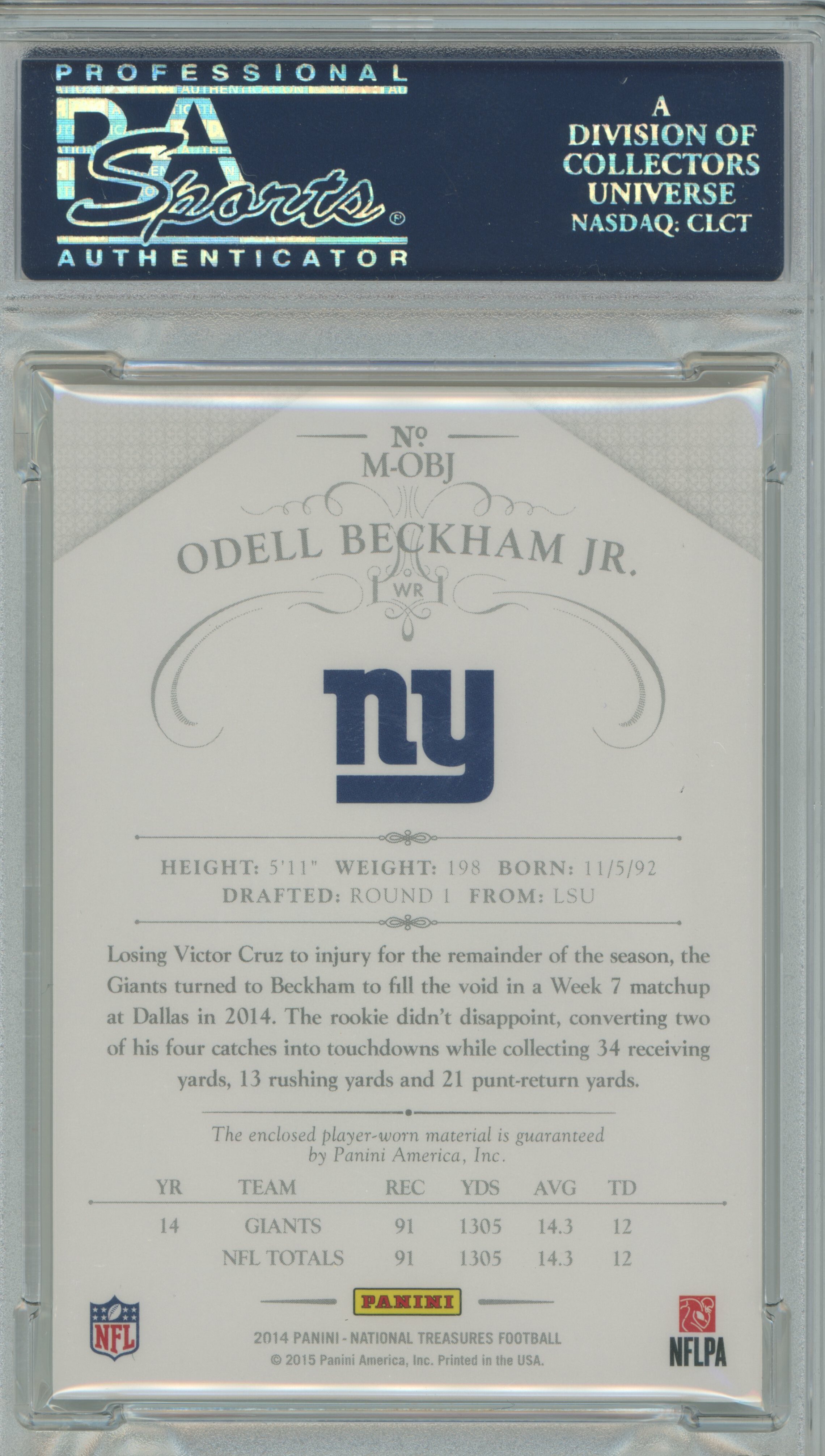 2014 National Treasures Materials Silver Patch RC Odell Beckham Jr. PSA 10