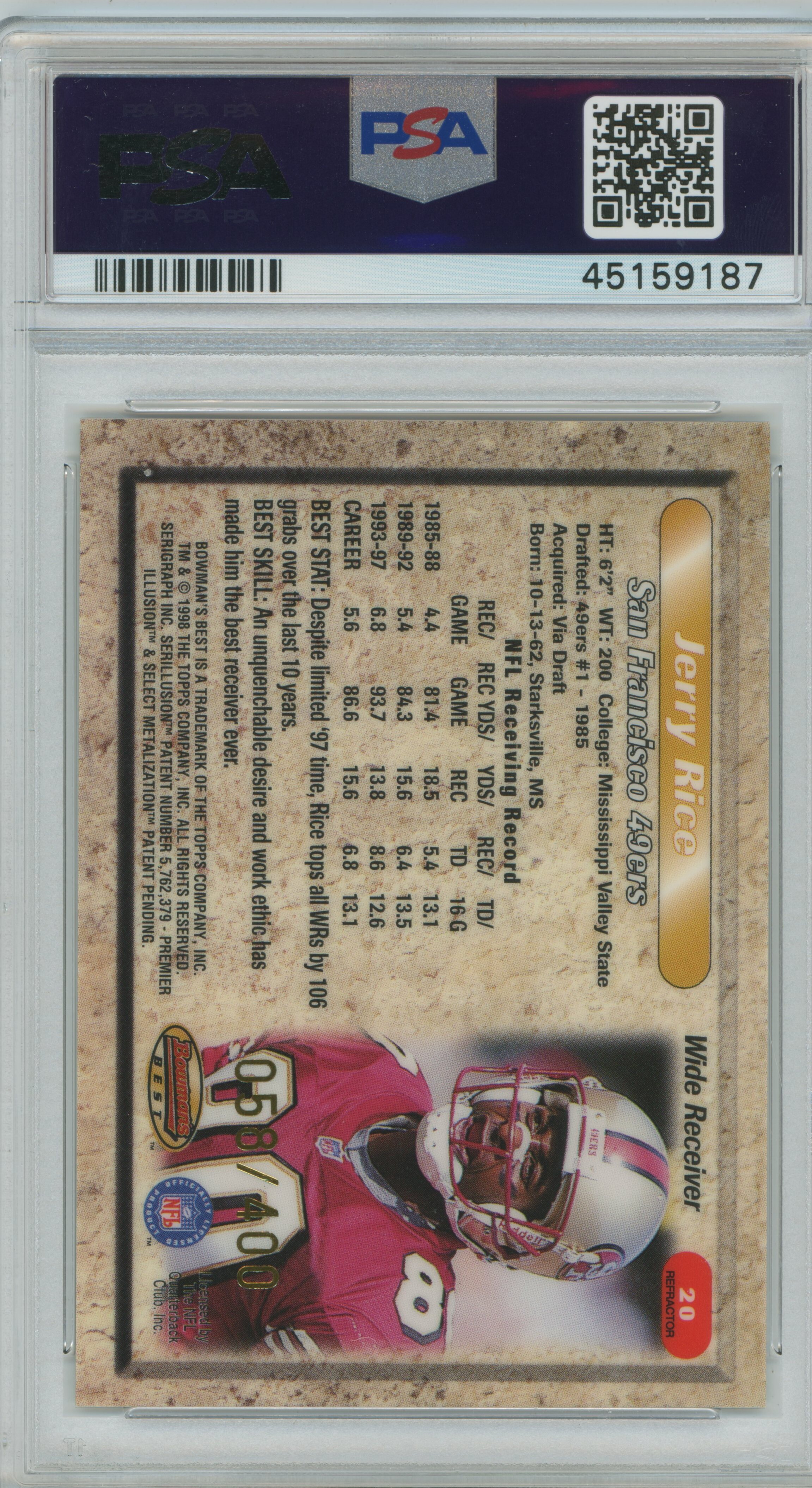 1998 Bowman's Best Refractor Jerry Rice PSA 9