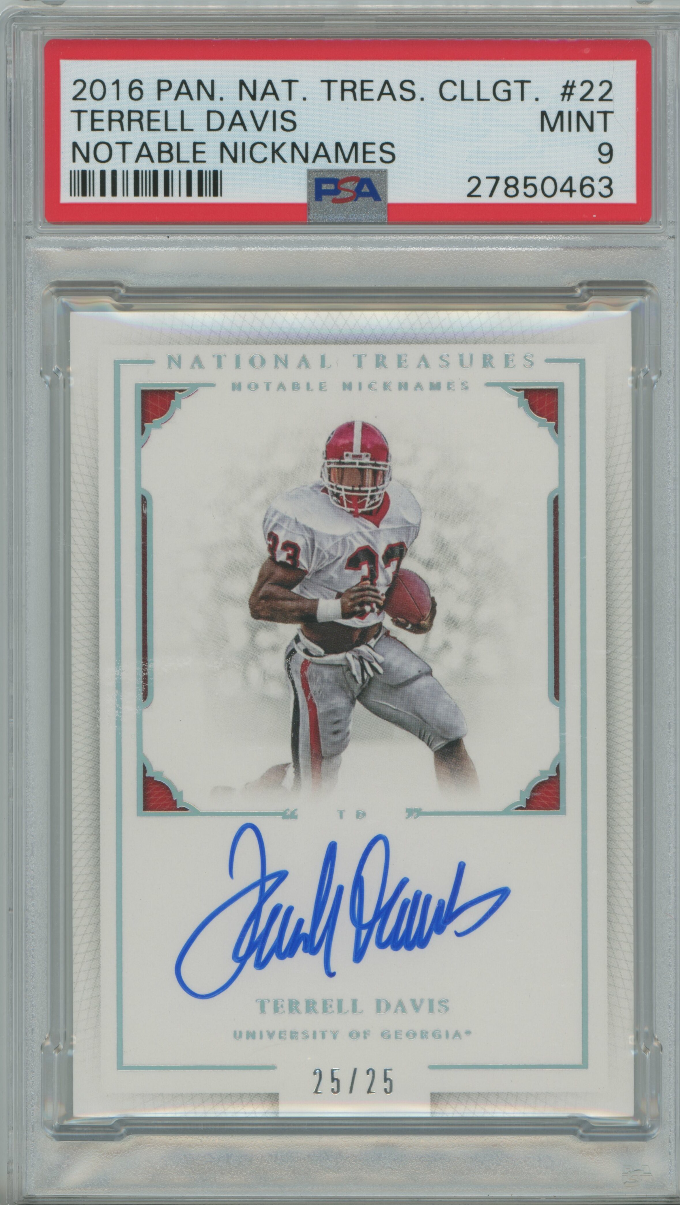 2016 National Treasures Collegiate Notable Nicknames Auto Terrell Davis PSA 9