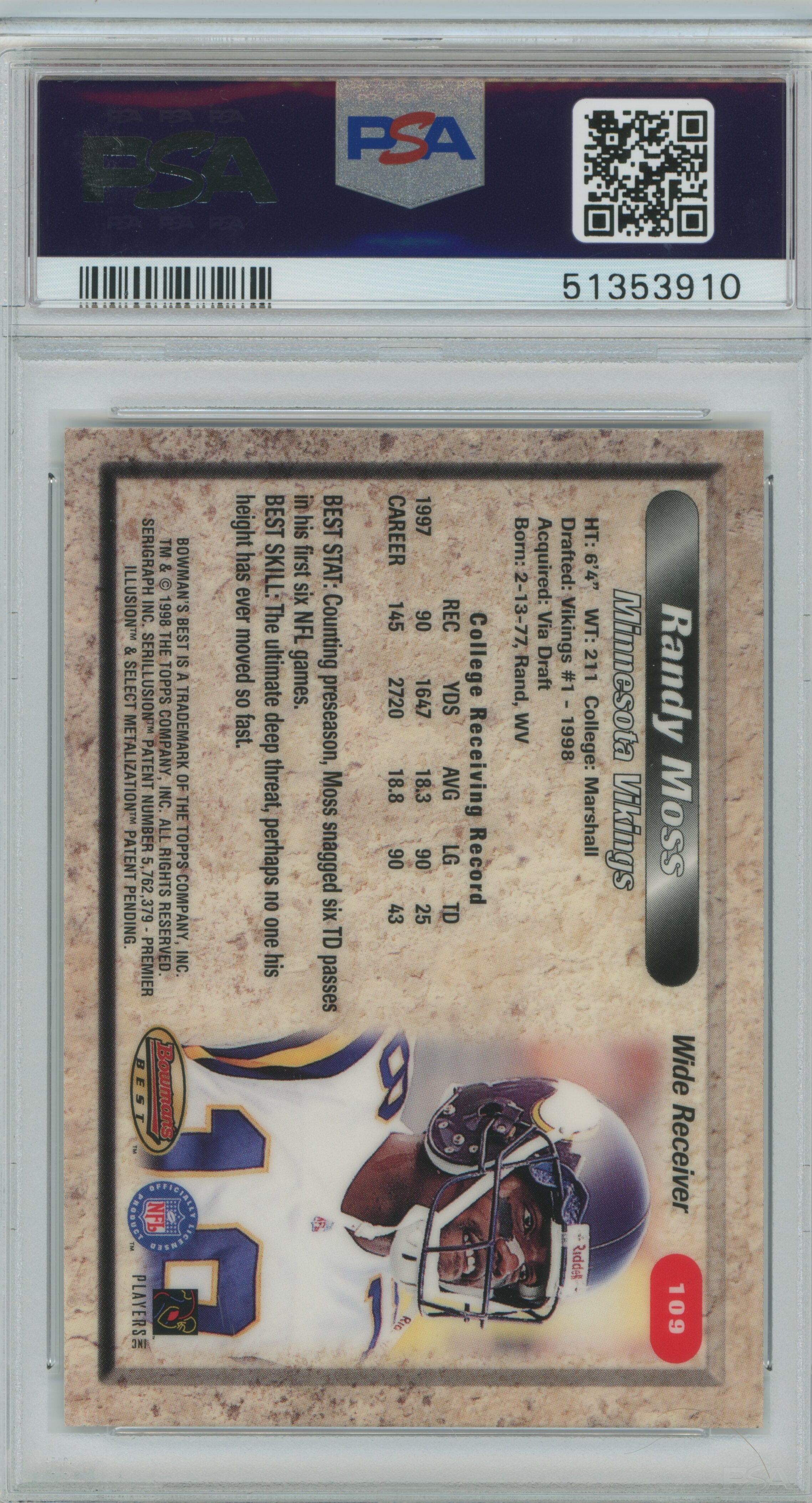 1998 Bowman's Best Randy Moss PSA 9