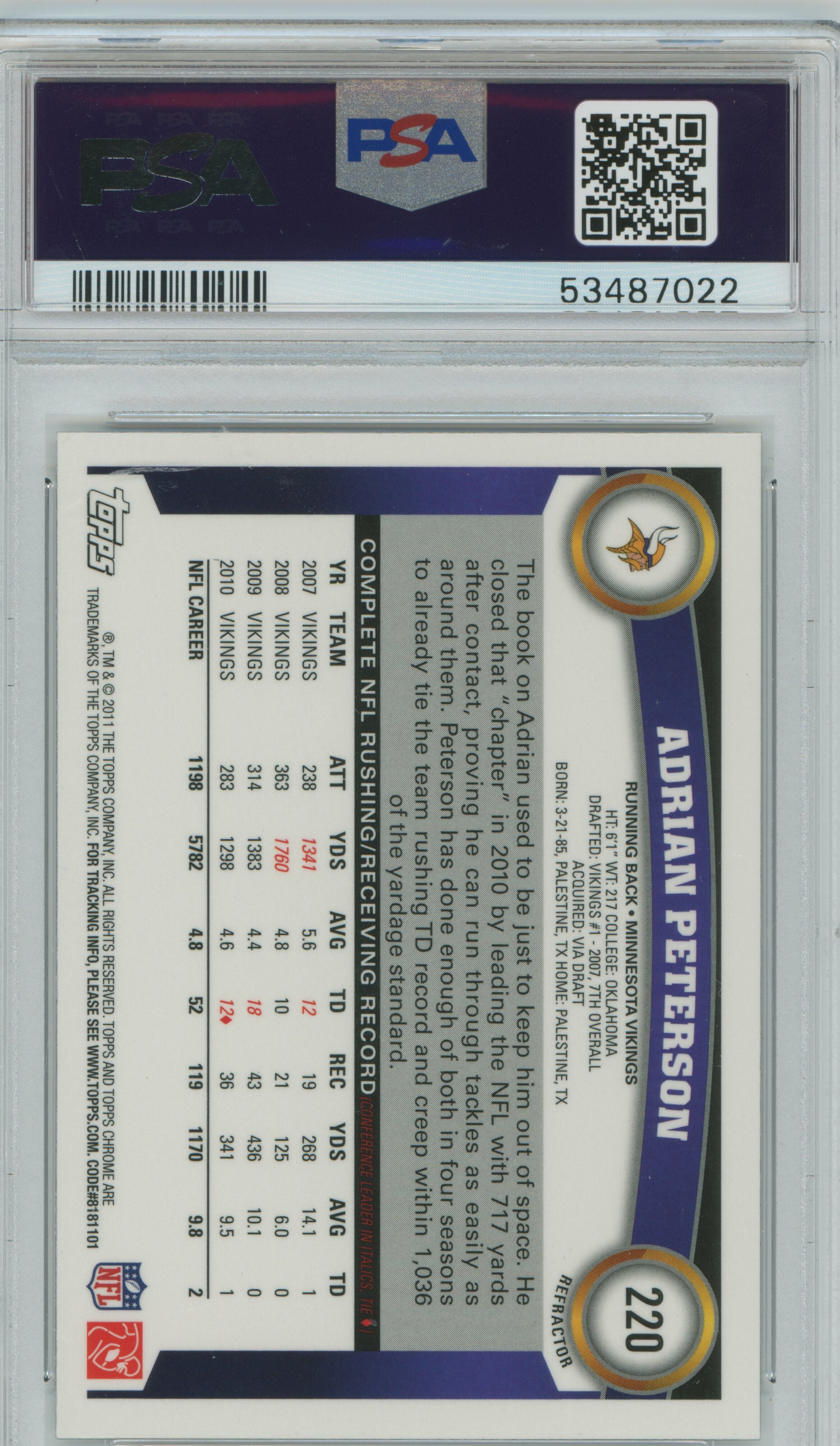 2011 Topps Chrome Xfractor Adrian Peterson PSA 9