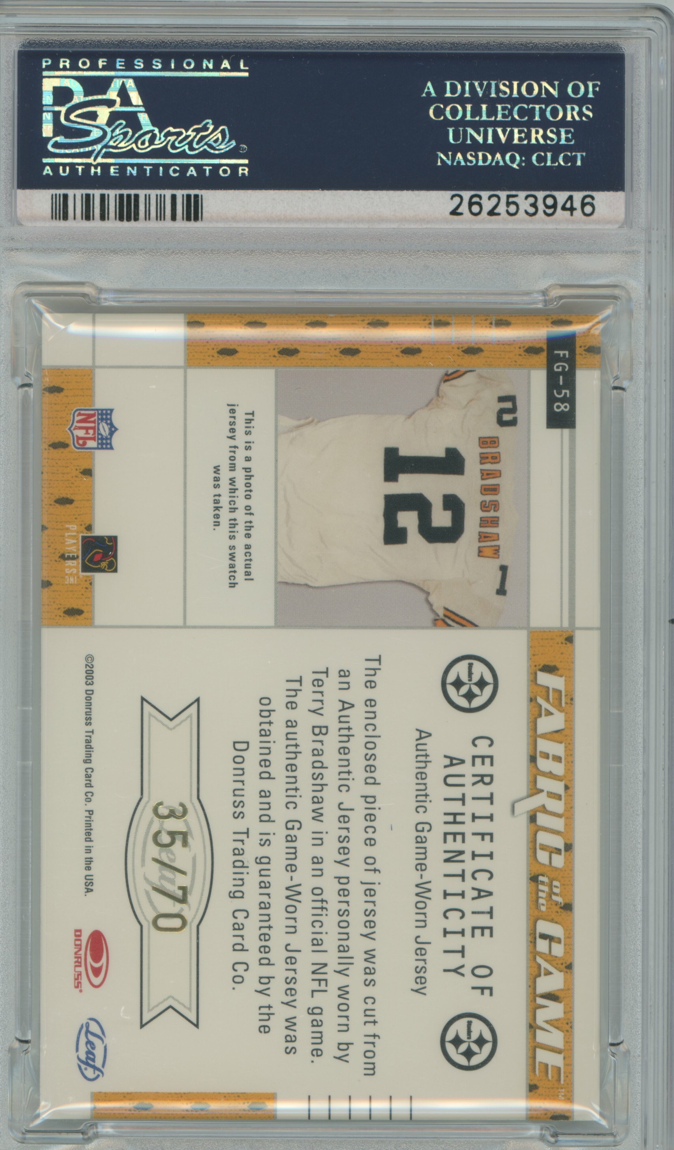 2003 Certified Materials Fabric of the Game Jersey Number Terry Bradshaw PSA 9