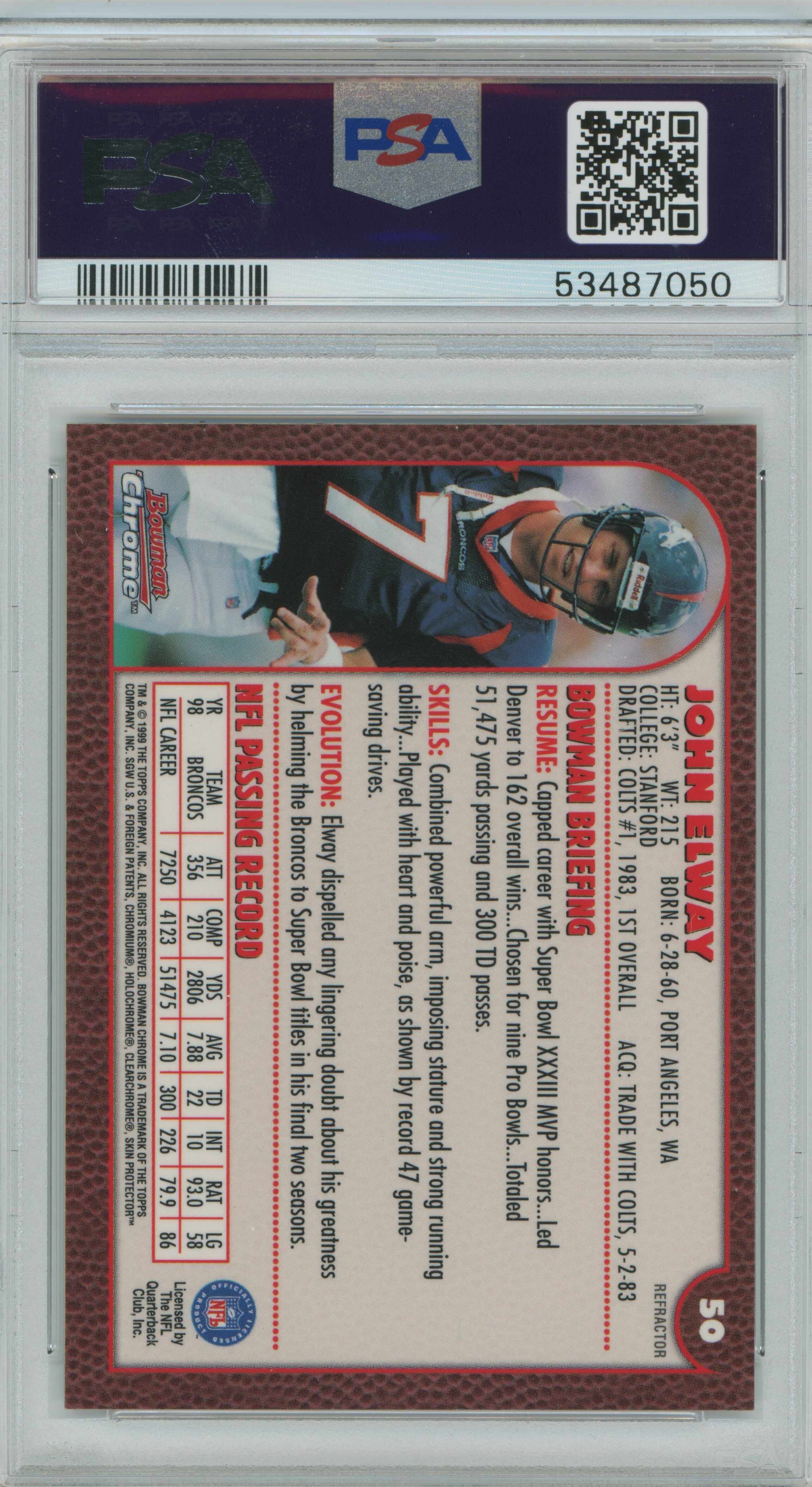 1999 Bowman Chrome Refractor John Elway PSA 9