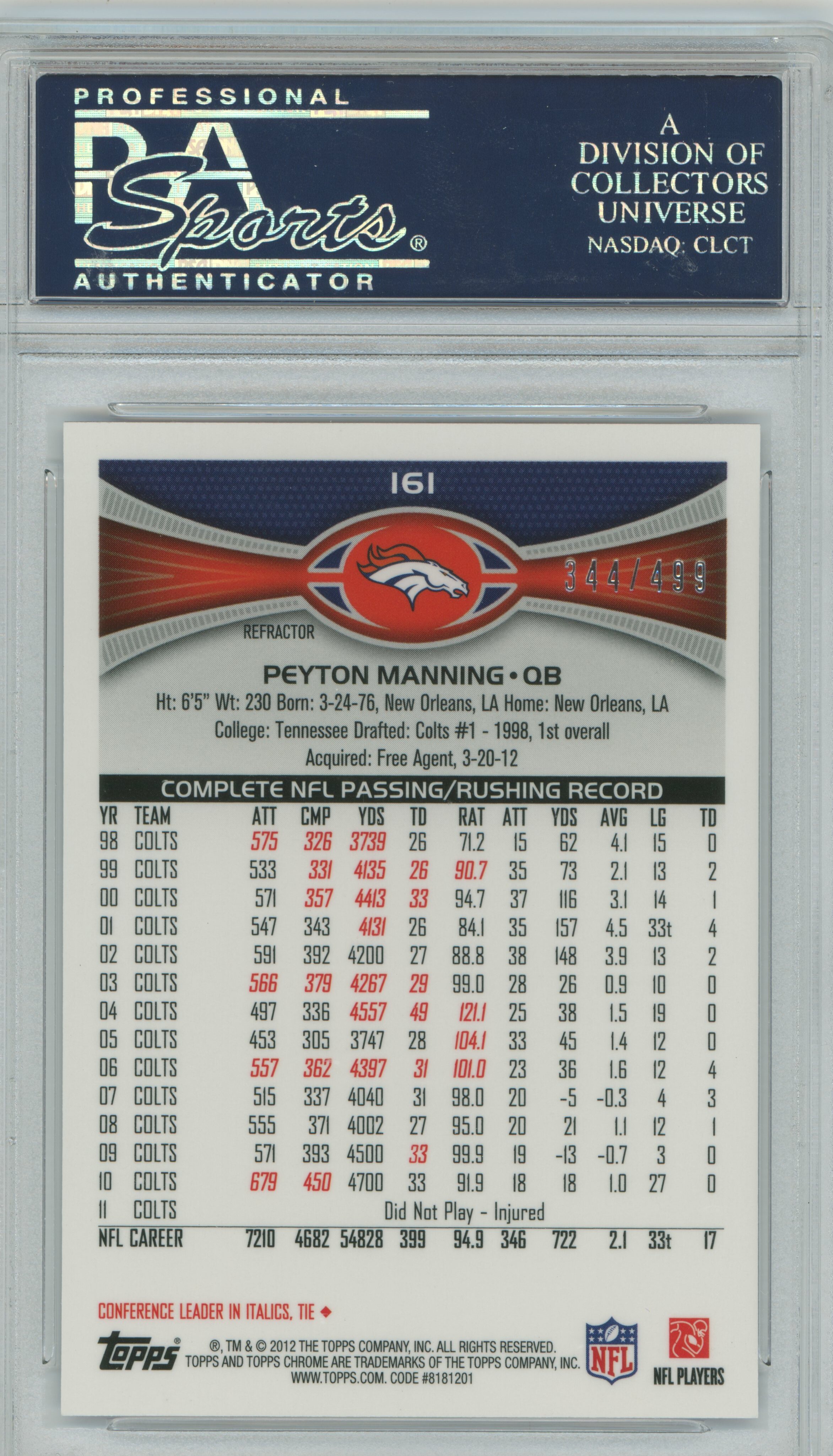 2012 Topps Chrome Purple Refractor Peyton Manning PSA 10