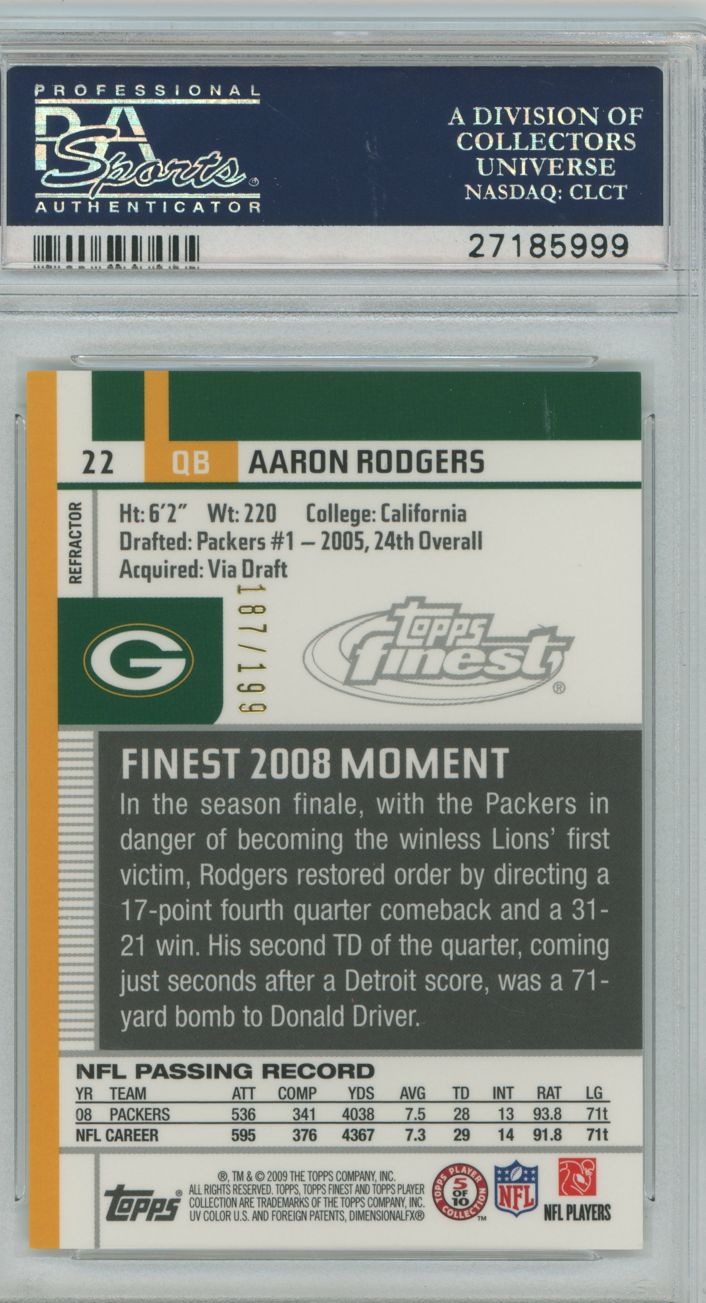 2009 Finest Green Refractor Aaron Rodgers PSA 9