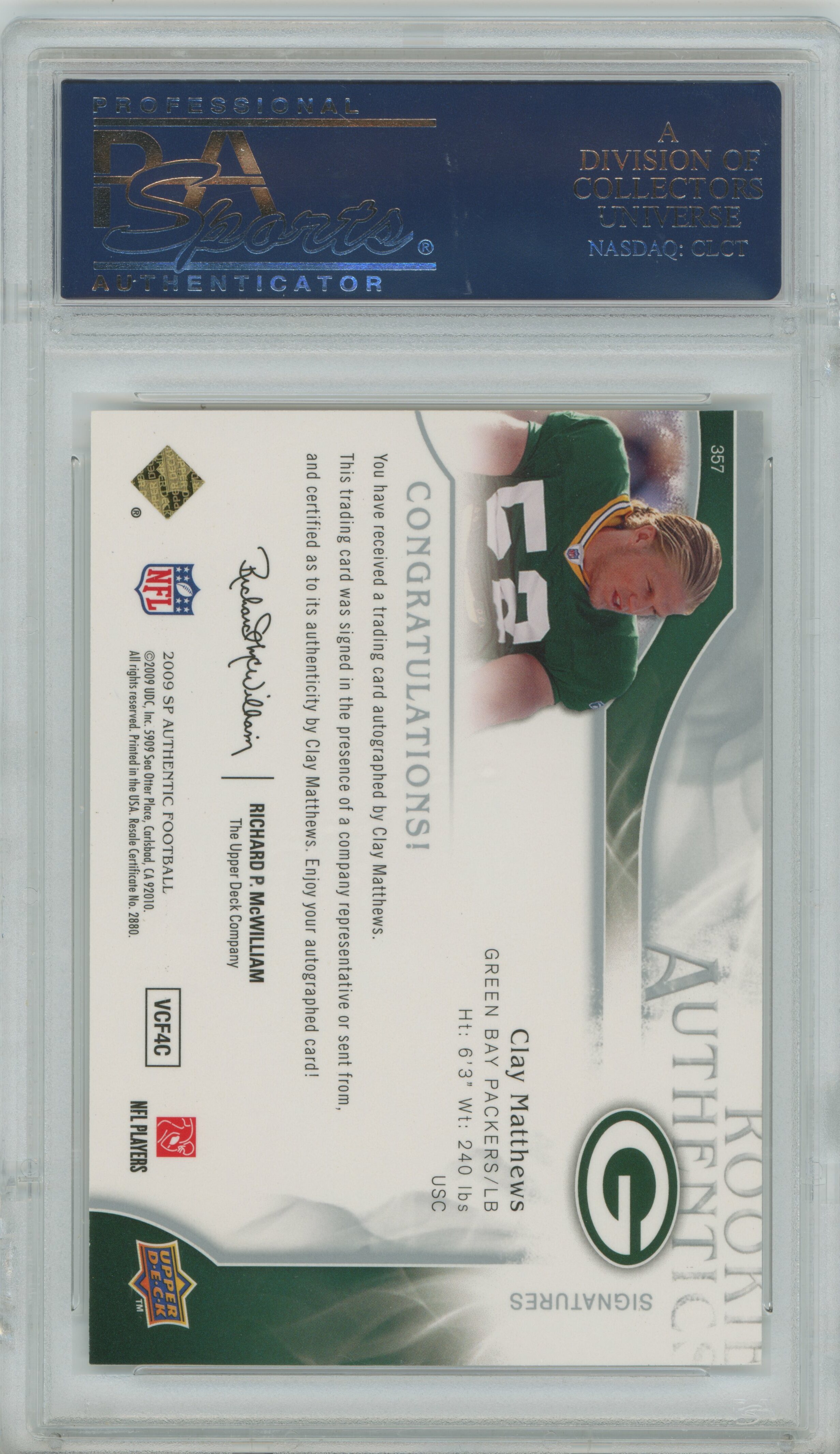 2009 SP Authentic Auto RC Clay Matthews PSA 10