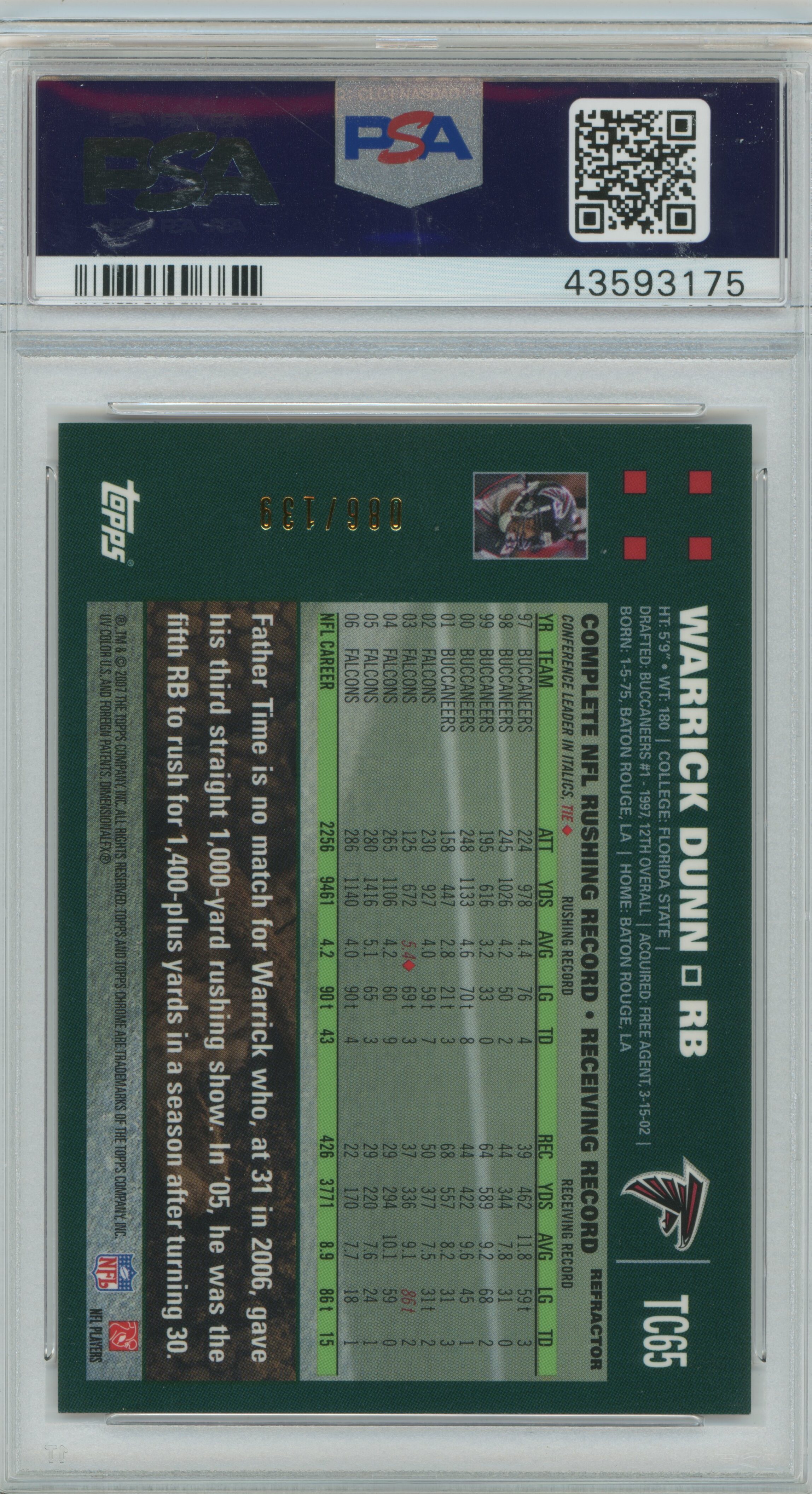 2007 Topps Chrome Red Refractor Warrick Dunn PSA 10