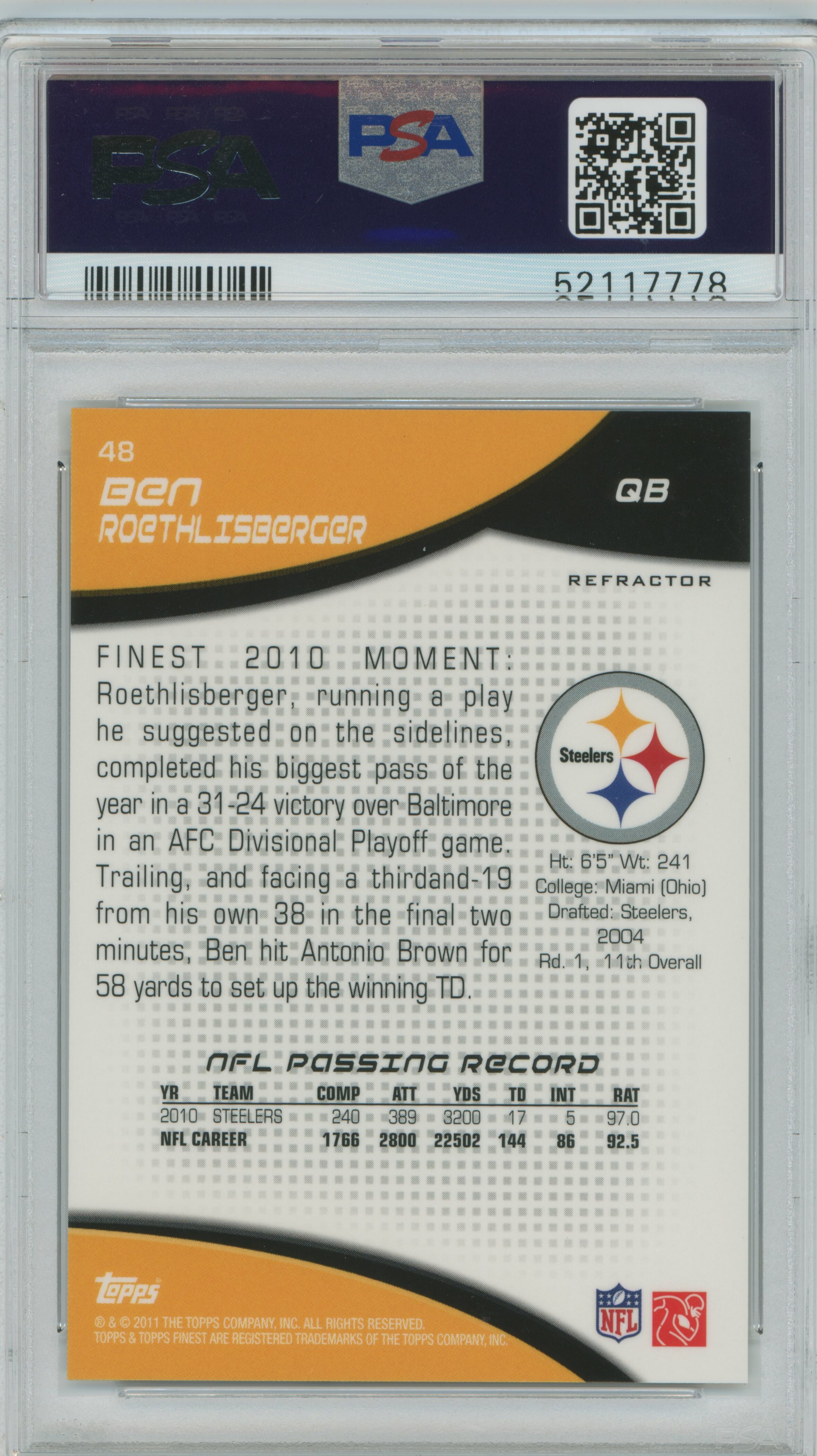 2011 Finest Xfractor Ben Roethlisberger PSA 9