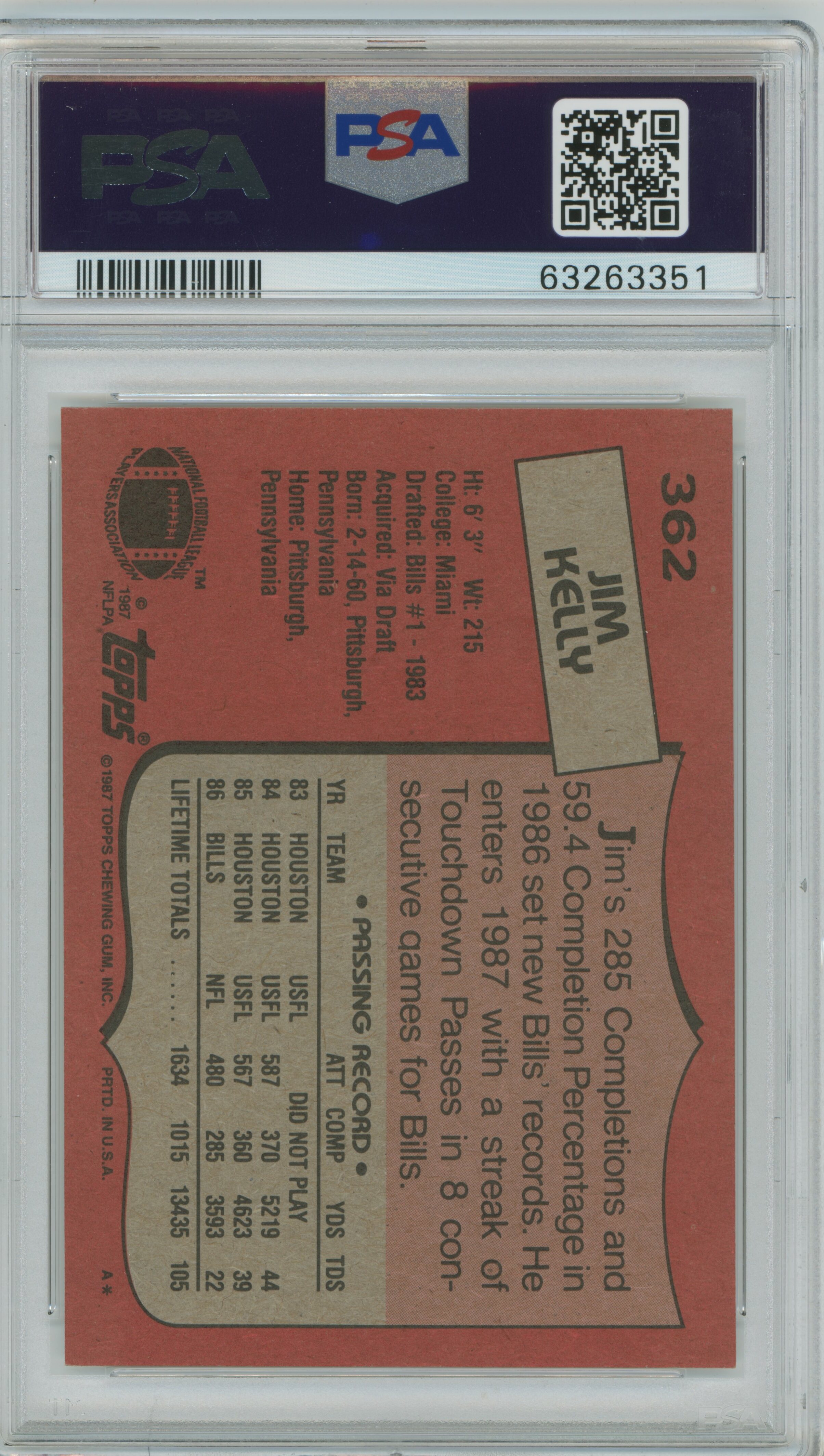 1987 Topps RC Jim Kelly PSA 9