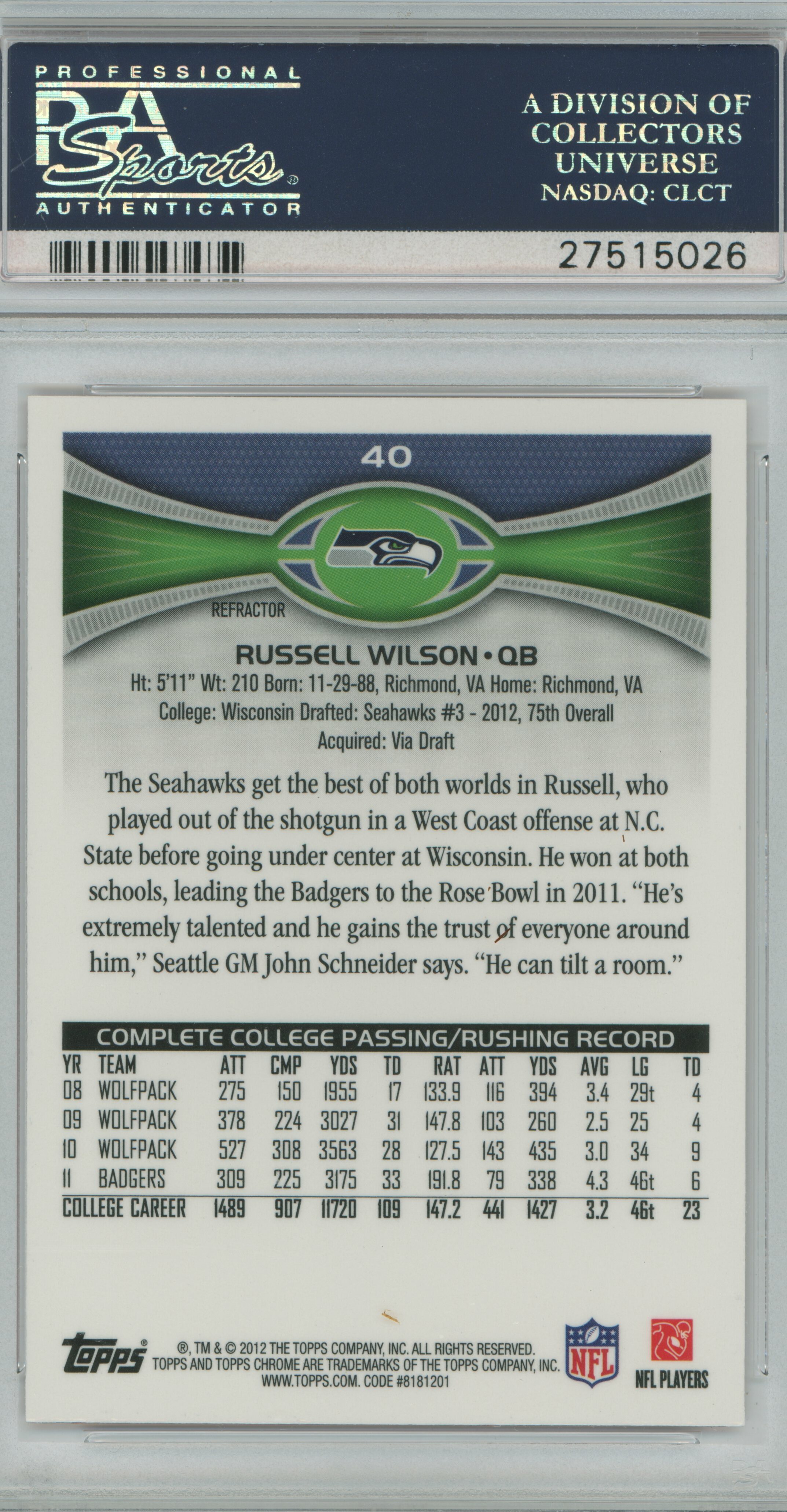 2012 Topps Chrome Stands Orange Refractor Russell Wilson PSA 10