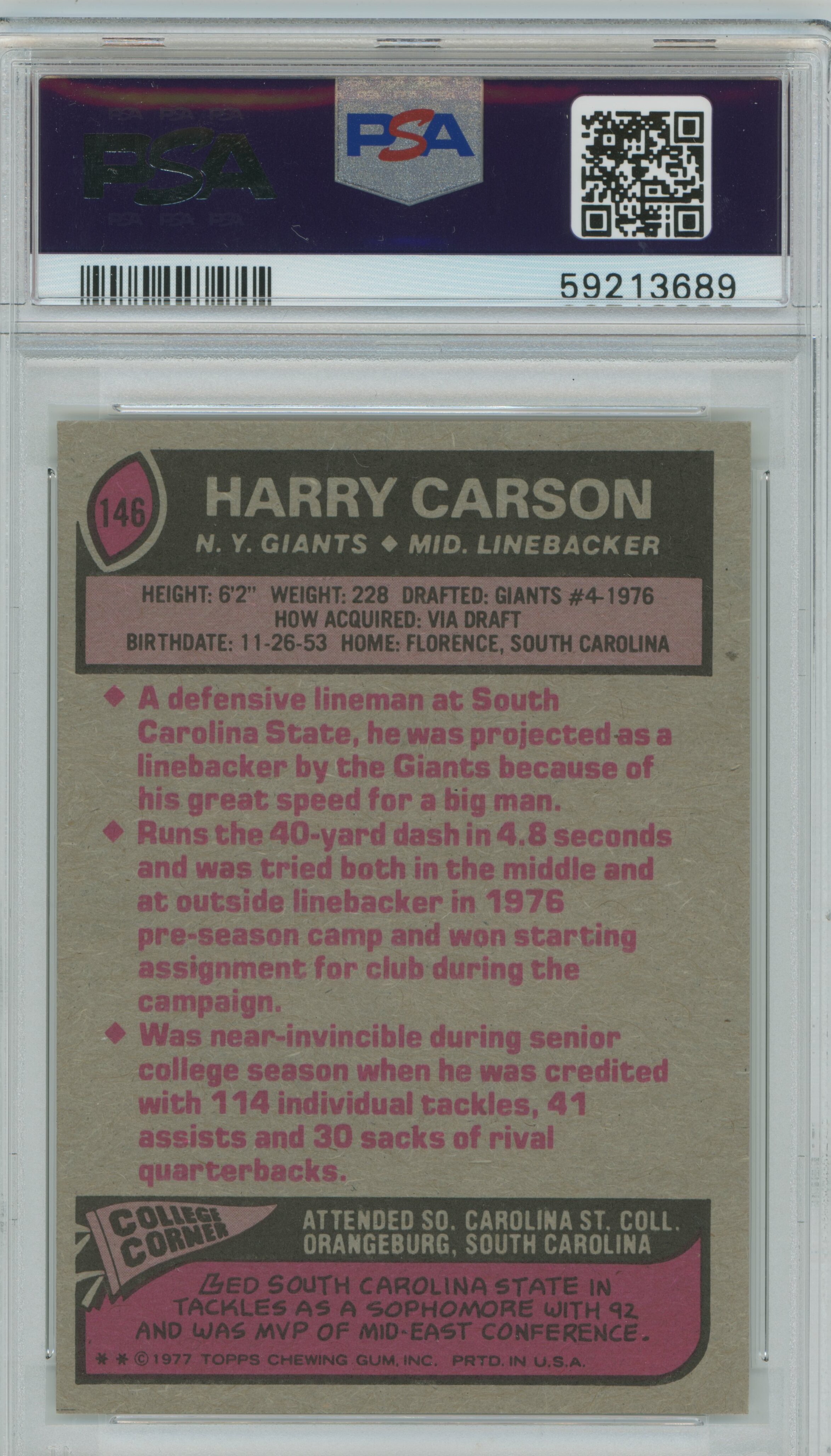 1977 Topps Harry Carson PSA 7