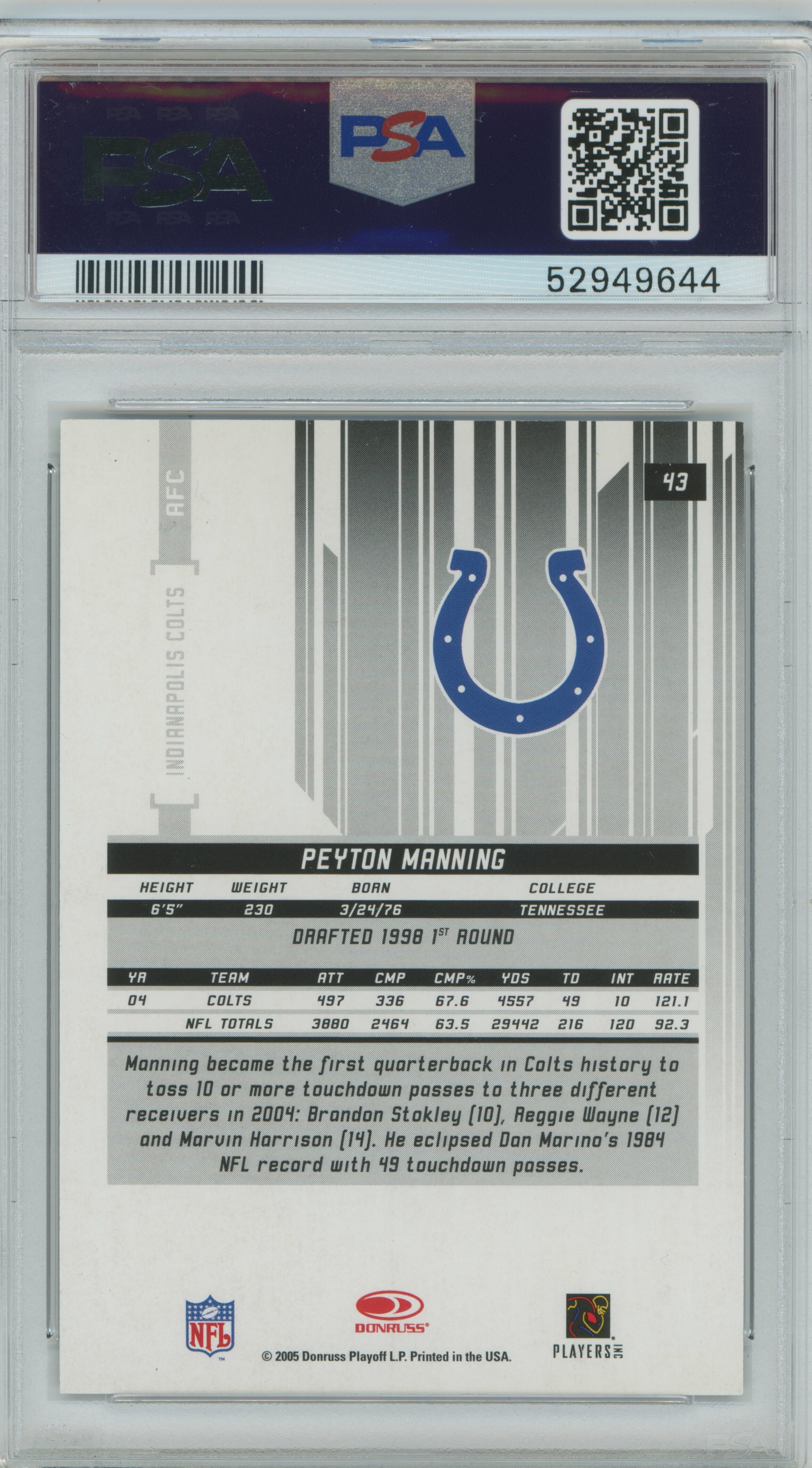 2005 Leaf Rookies & Stars Longevity Black Peyton Manning PSA 9