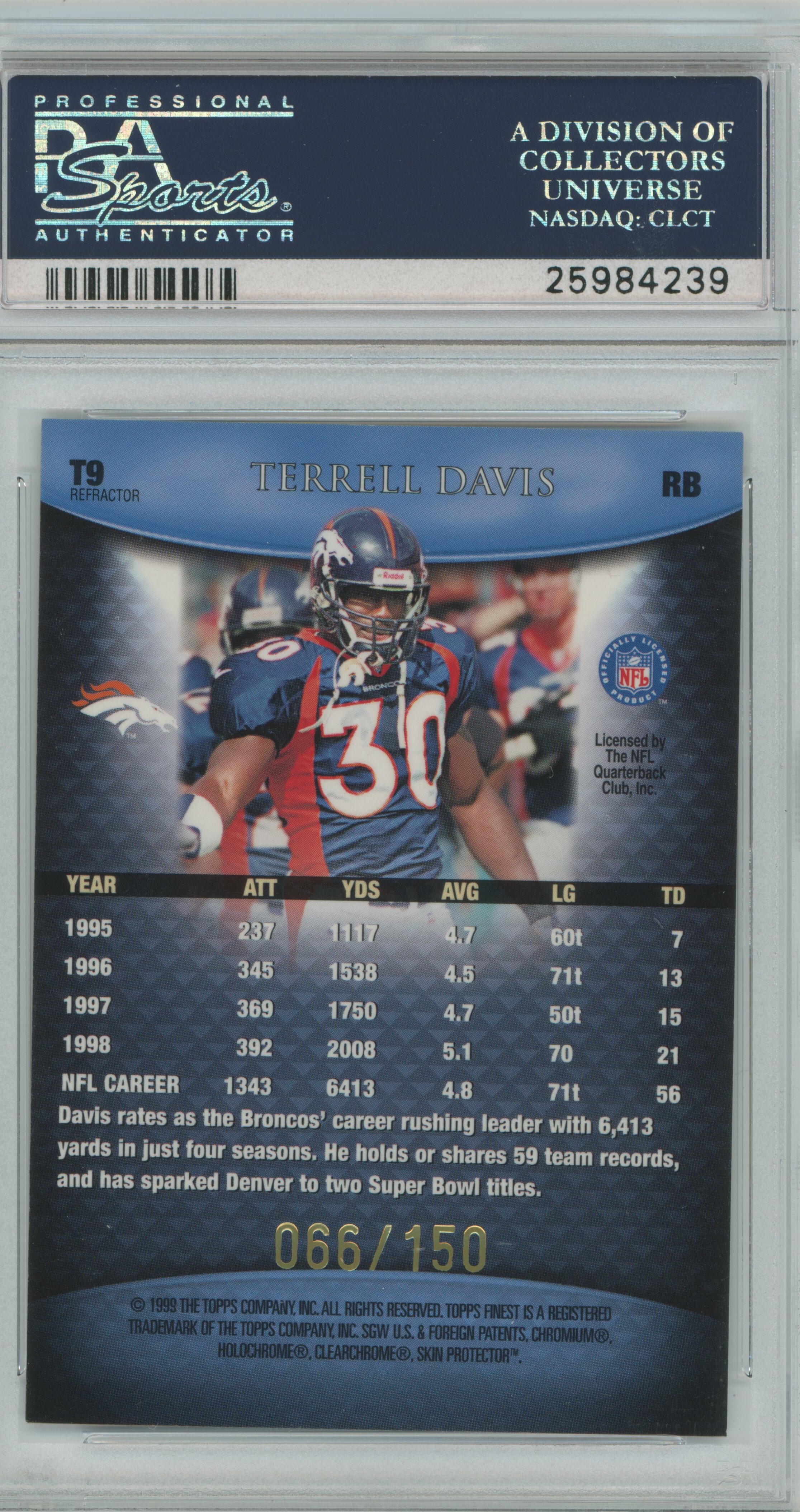 1999 Finest Team Finest Blue Refractor Terrell Davis PSA 10