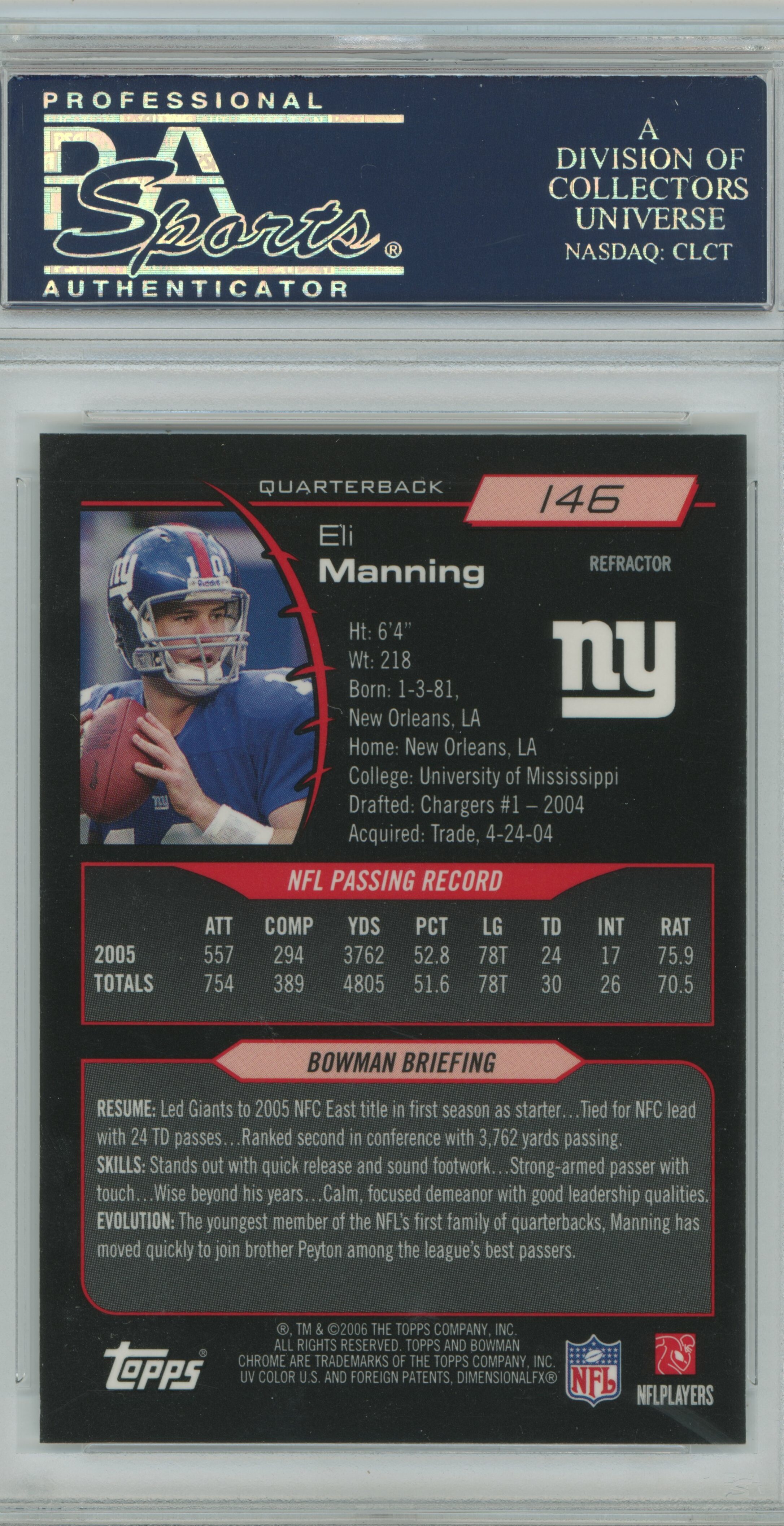 2006 Bowman Chrome Refractor Eli Manning PSA 9