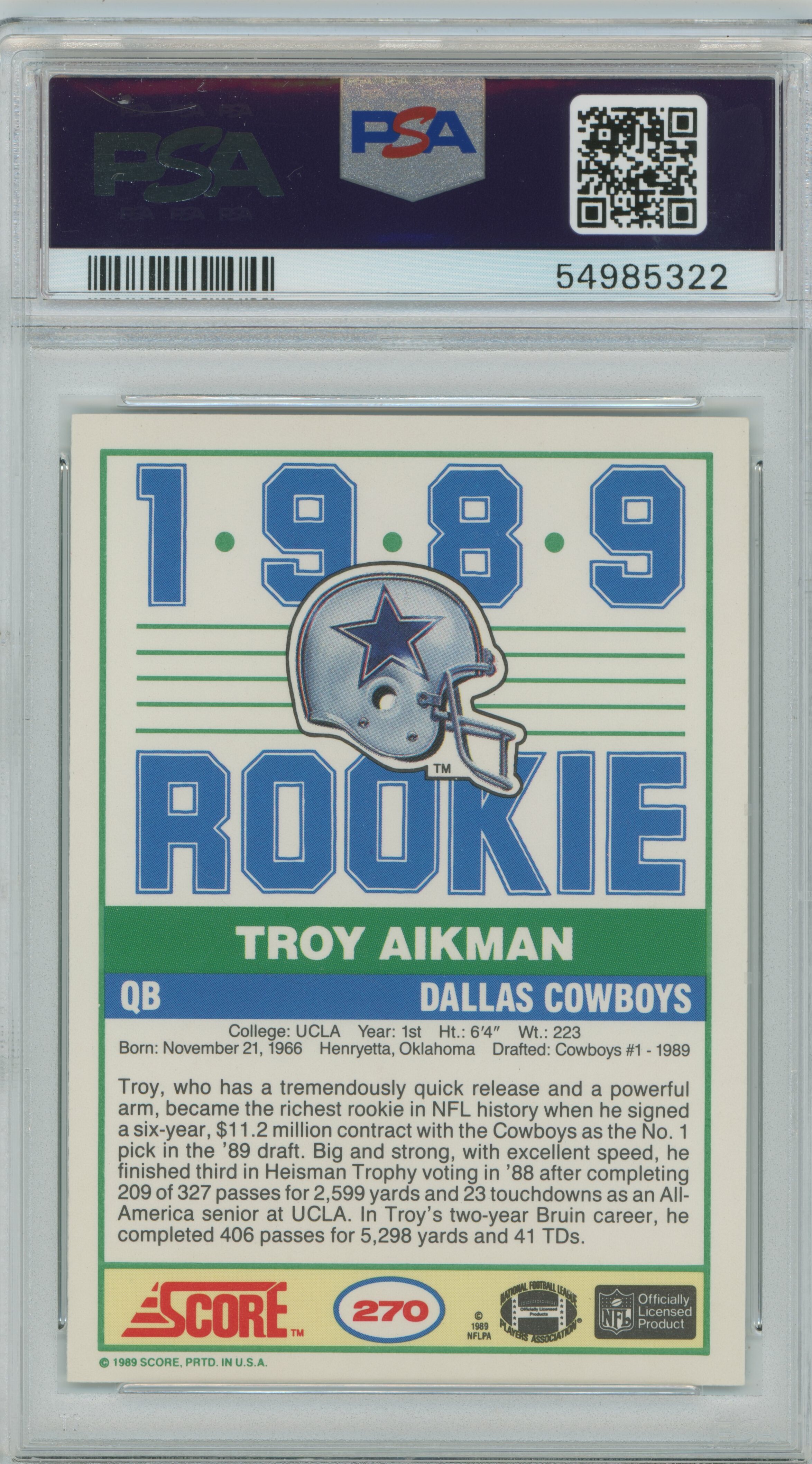 1989 Score RC Troy Aikman PSA 9